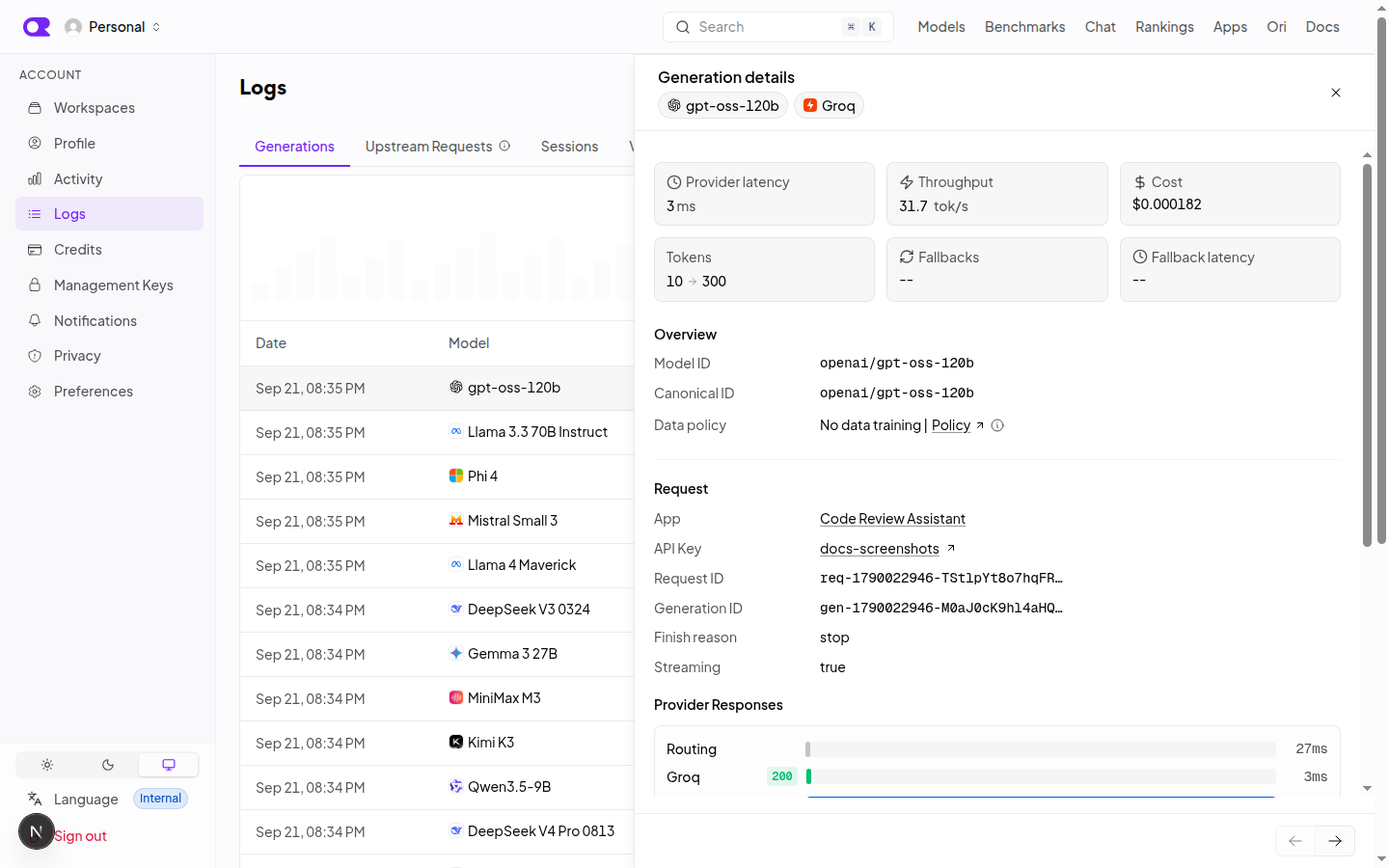 The generation detail sheet showing latency, cost, token counts, request metadata, and the provider response waterfall