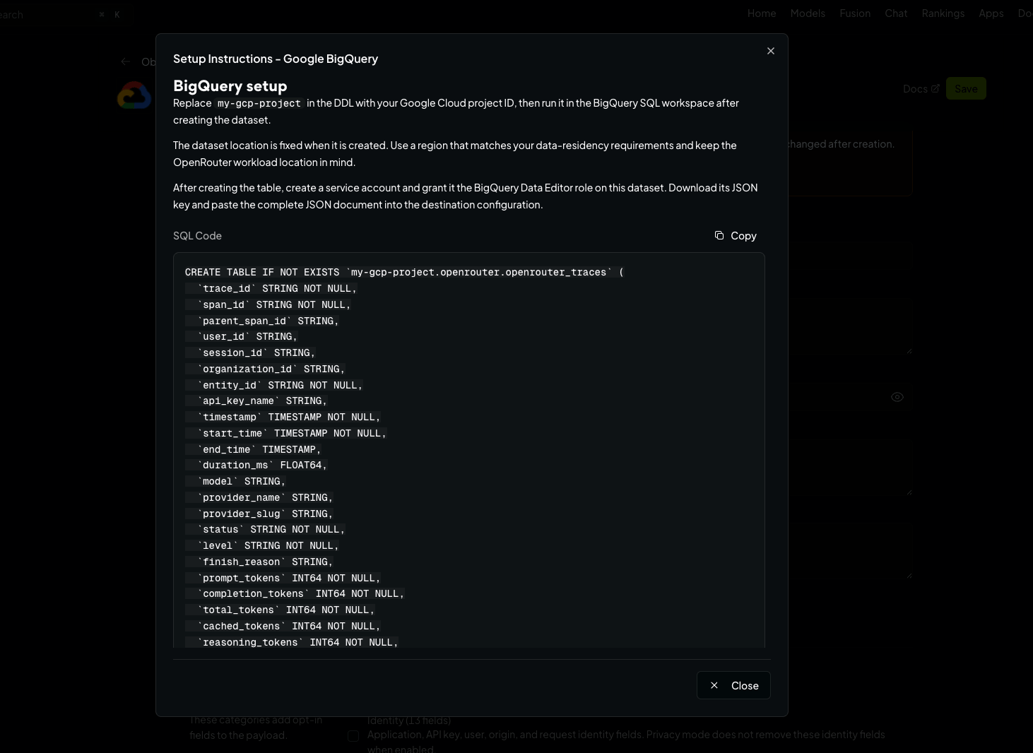 BigQuery Table Setup