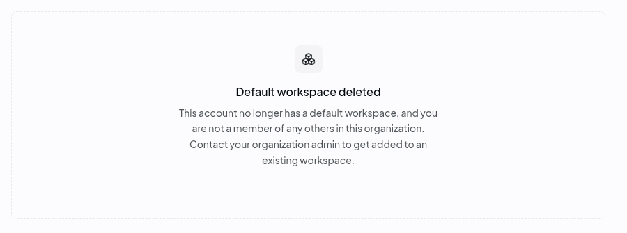 The "Default workspace deleted" page shown to a member who doesn't belong to any other workspace