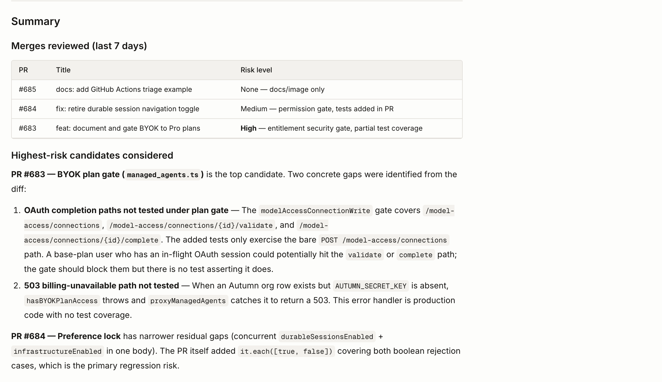 OpenComputer test coverage agent dry-run report ranking three merged pull requests and identifying missing OAuth completion-path and billing-unavailable regression tests