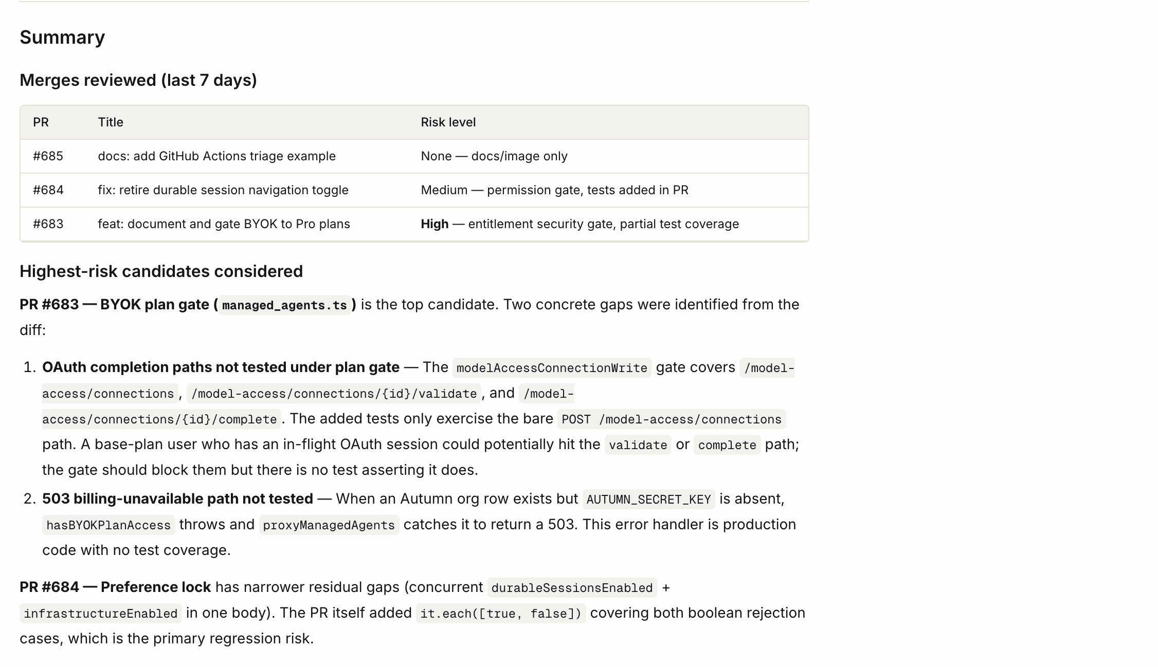 OpenComputer test coverage agent dry-run report ranking three merged pull requests and identifying missing OAuth completion-path and billing-unavailable regression tests