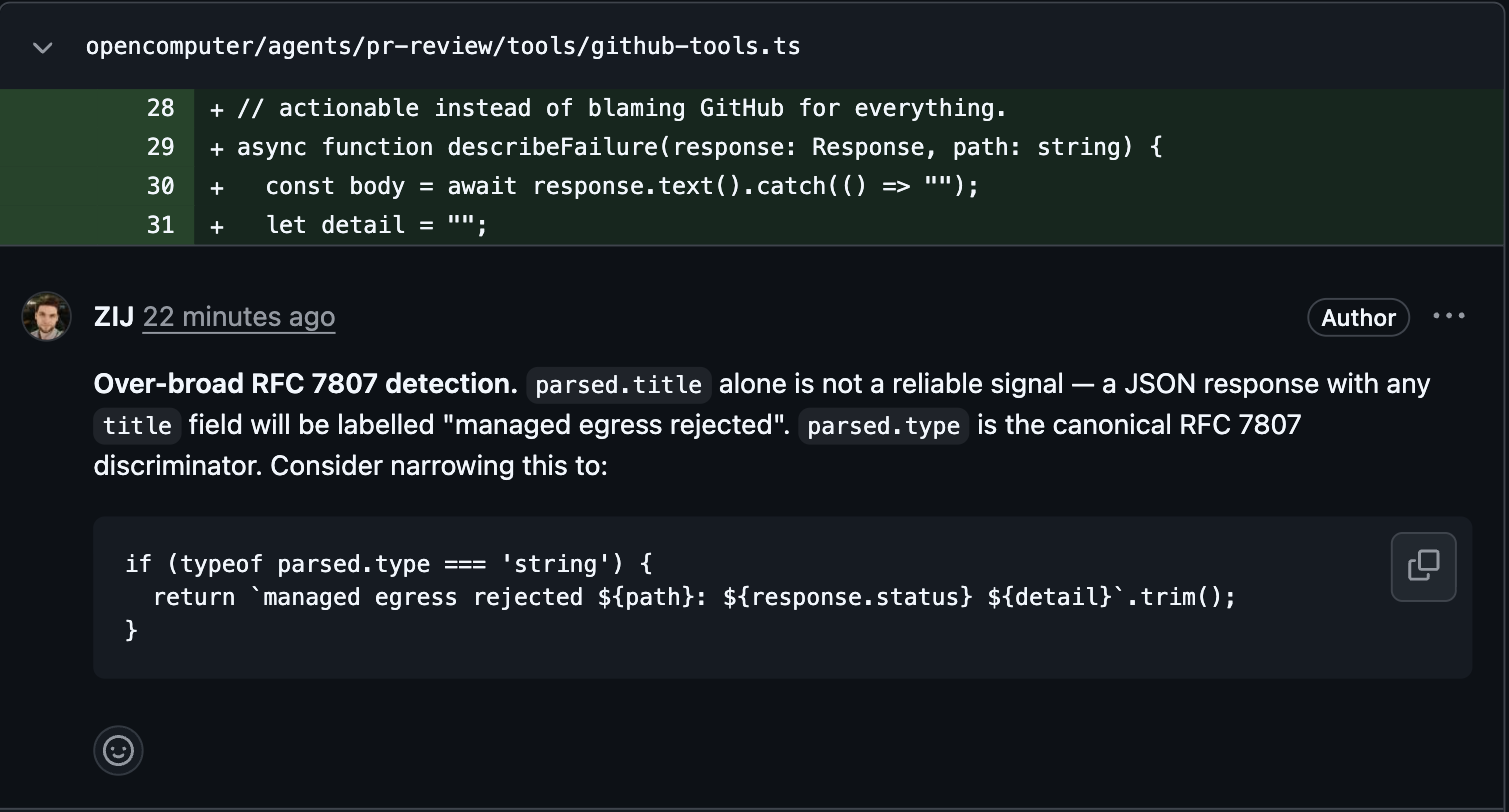 An inline review comment anchored to a diff line, posted by the agent with a code suggestion