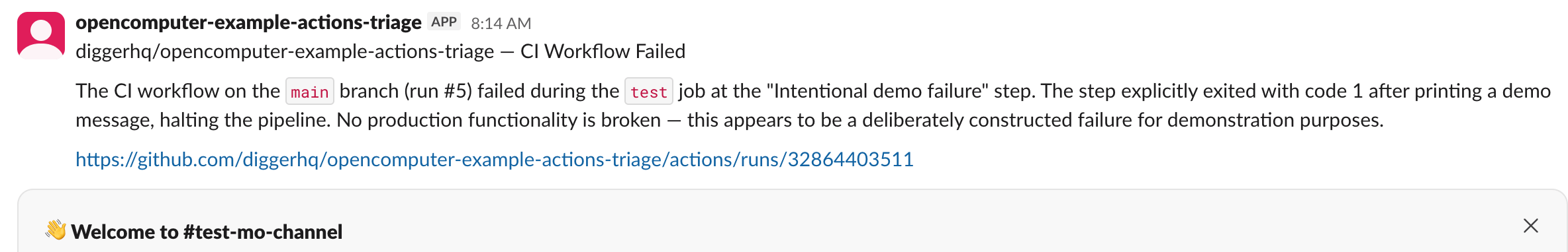 A GitHub Actions CI failure report delivered by an OpenComputer agent to Slack