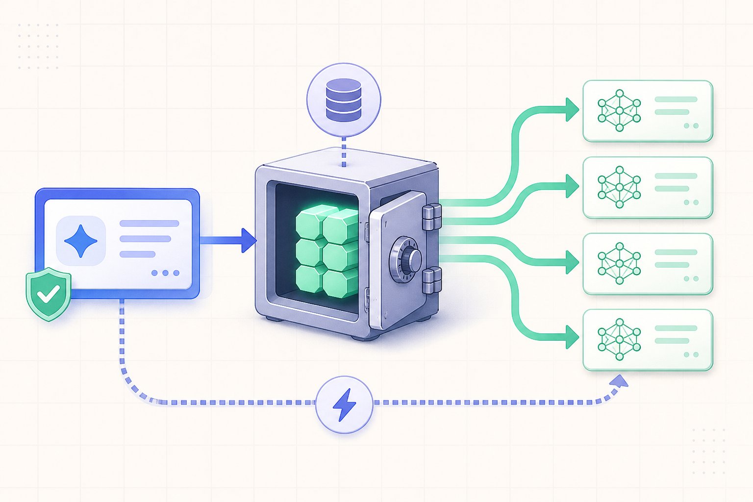 A stable prompt entering a cache vault and branching into reusable request paths