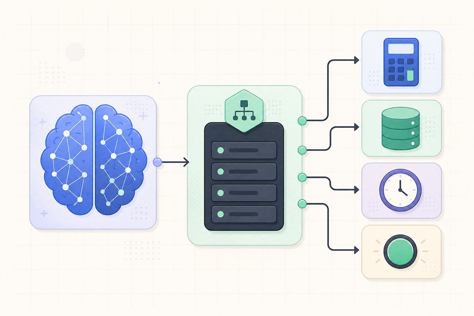 An application orchestrator connecting a language model to calculator, database, clock, and action tools
