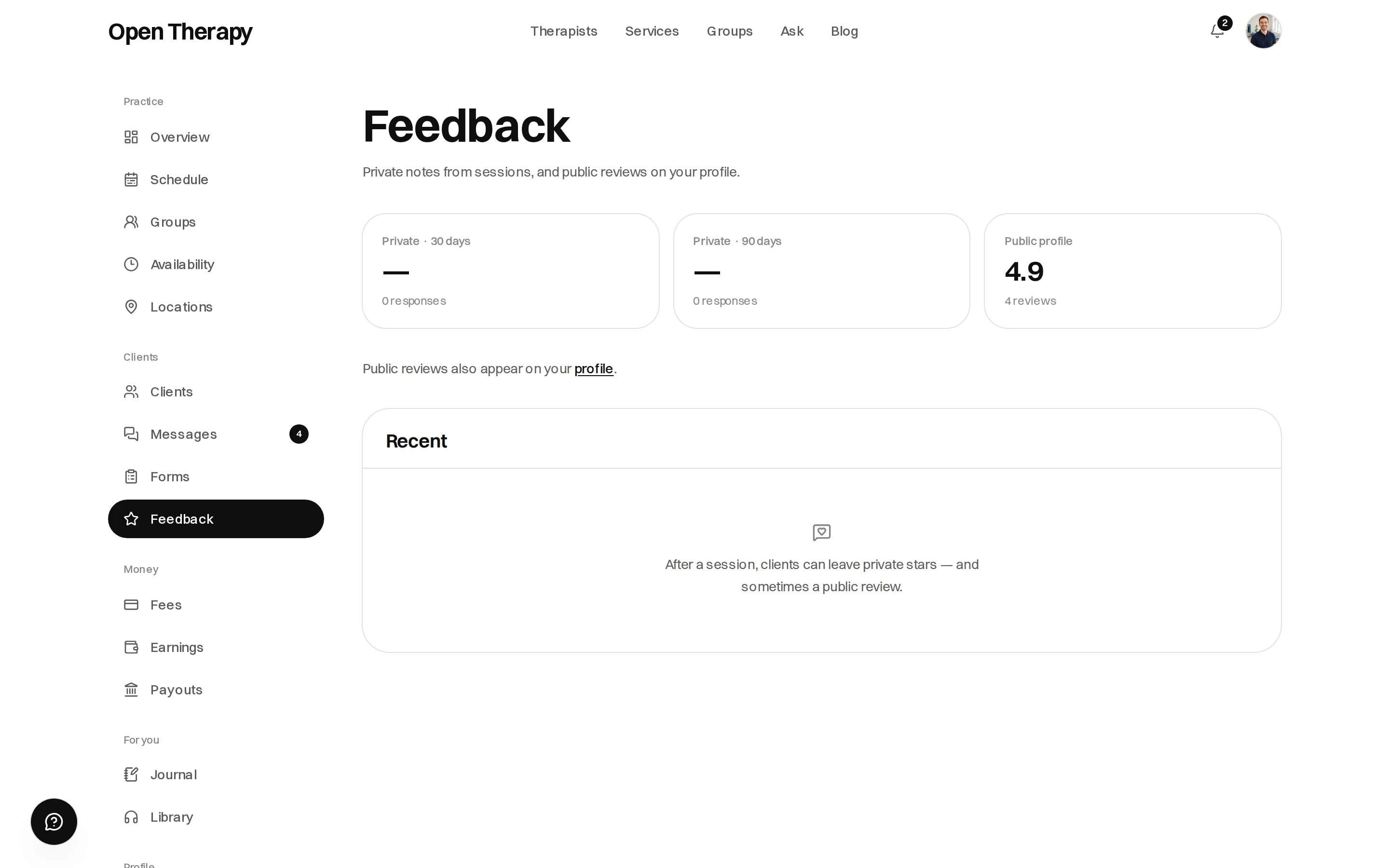 The Feedback page in the workspace, with cards for private notes over 30 days, private notes over 90 days, and a public profile rating of 4.9 from four reviews, plus an empty Recent list saying clients can leave private stars after a session