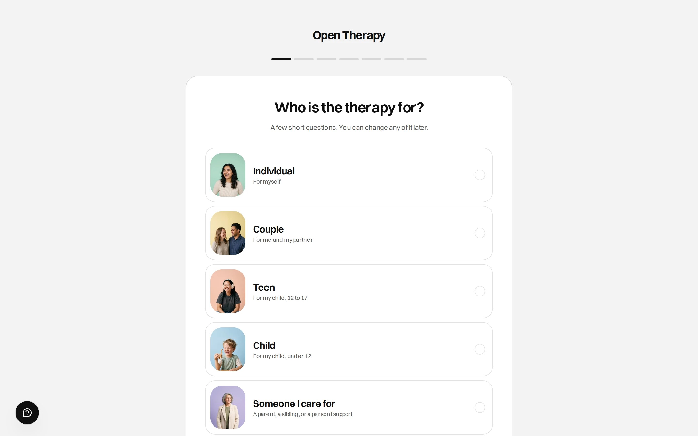 The matching questionnaire asking Who is the therapy for?, with selectable rows for Individual, Couple, Teen, Child and Someone I care for, each with a short description and a photograph