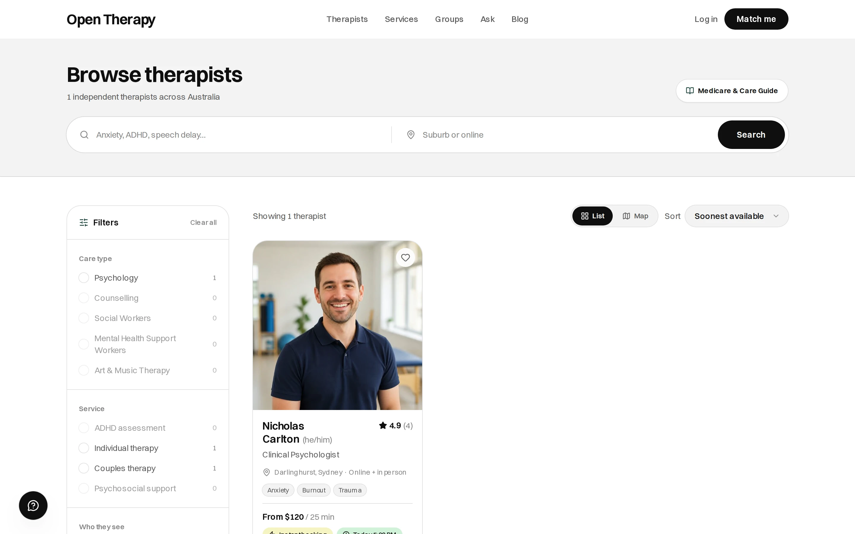 Browse therapists page with a search for a concern and a suburb, a filter column listing open care types including Psychology, Counselling, Social Workers, Mental Health Support Workers and Art and Music Therapy, and a therapist card for a clinical psychologist