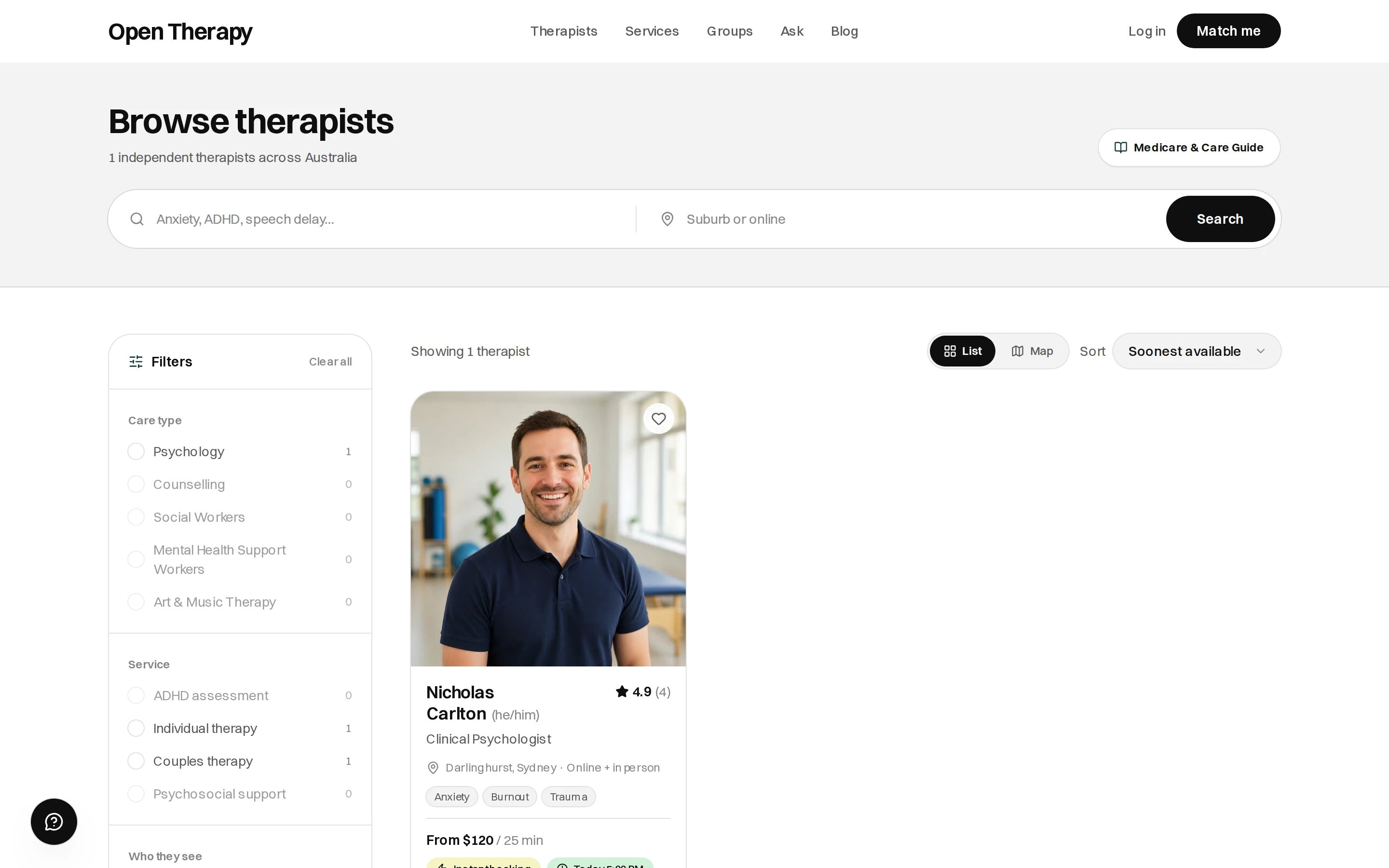 Browse therapists page with a search for a concern and a suburb, a filter column listing open care types including Psychology, Counselling, Social Workers, Mental Health Support Workers and Art and Music Therapy, and a therapist card for a clinical psychologist
