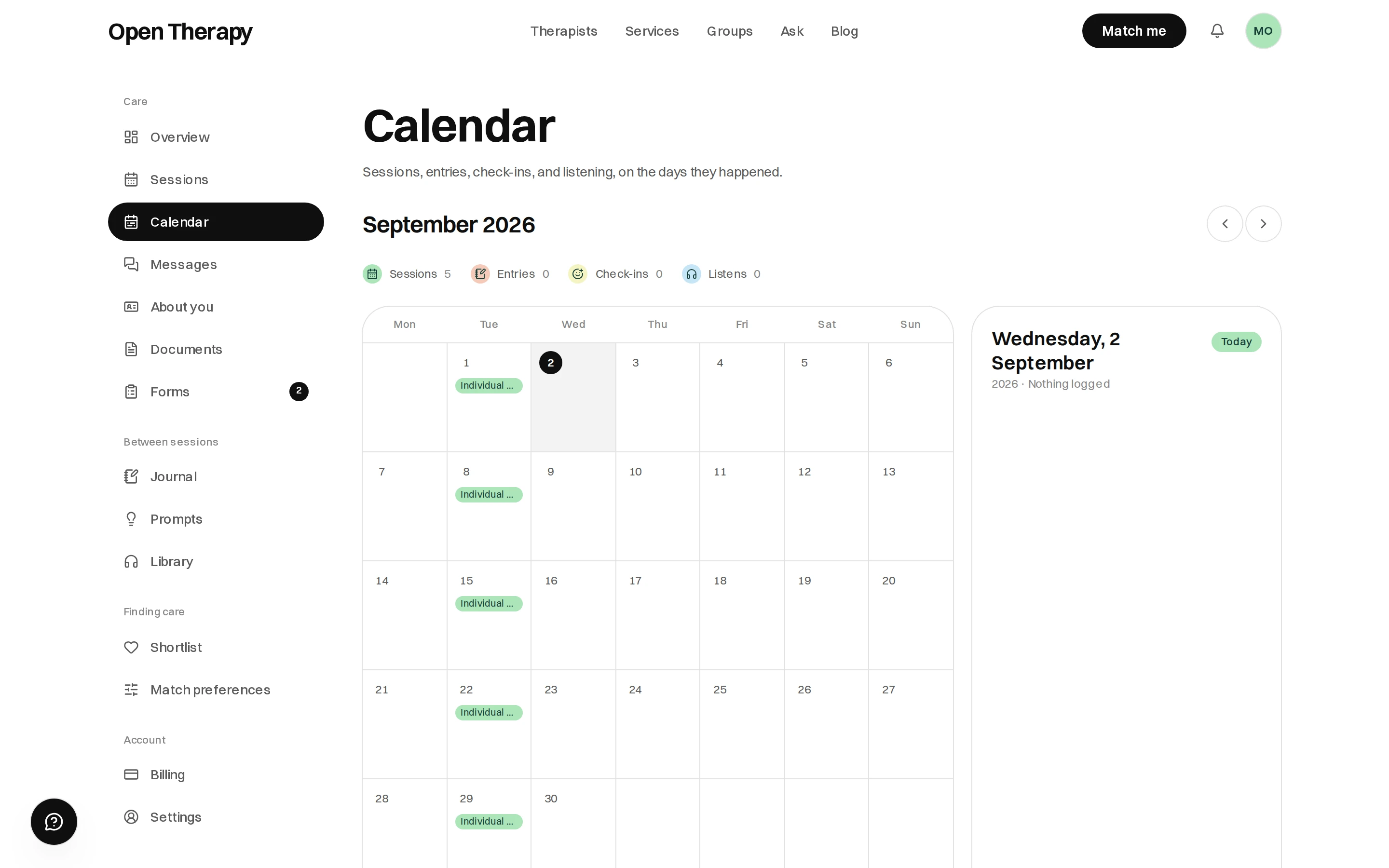 The Calendar page for September 2026 with a legend counting sessions, entries, check-ins and listens, a month grid with small labels on the days that have something on them, and the selected day's agenda on the right