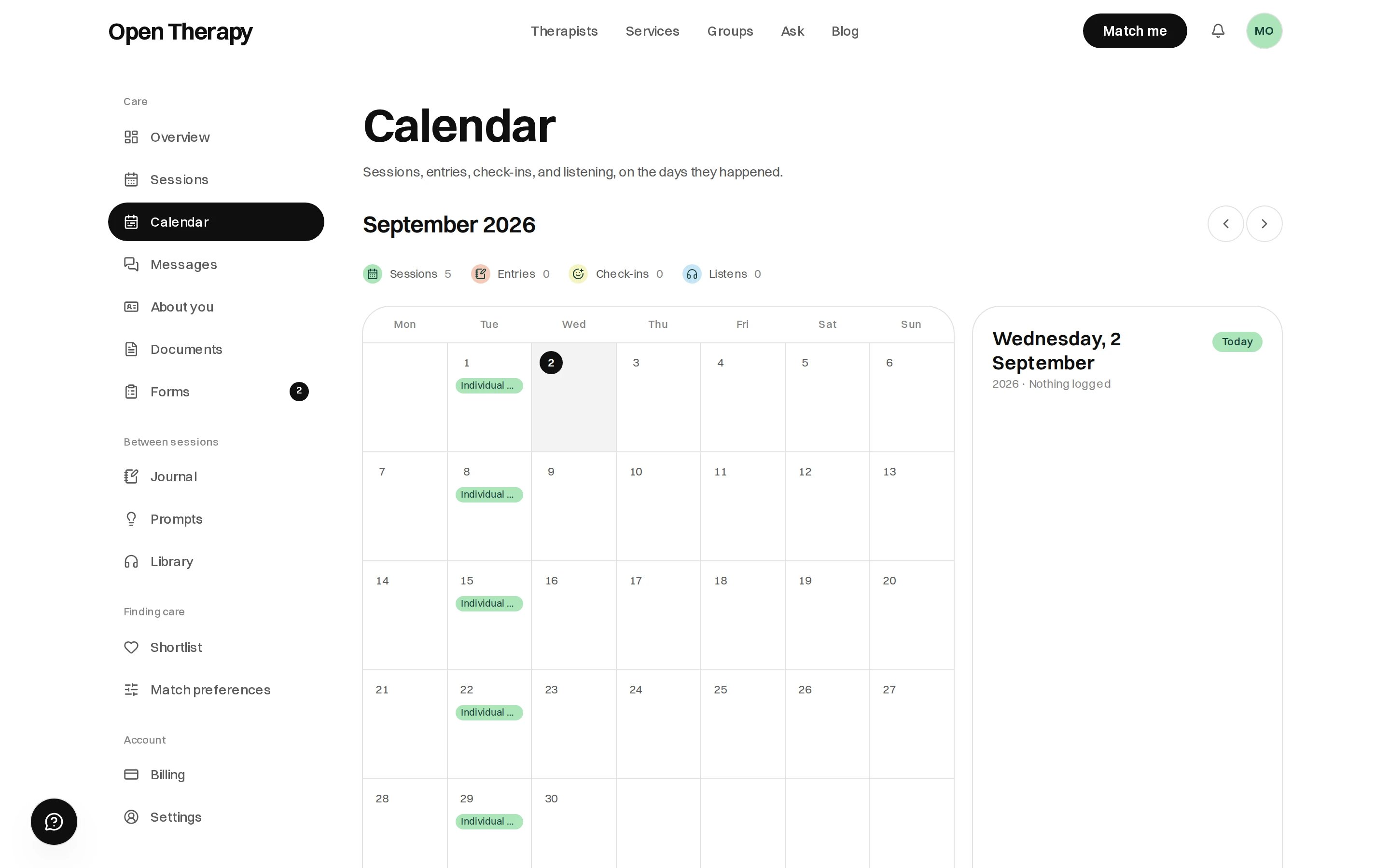The Calendar page for September 2026 with a legend counting sessions, entries, check-ins and listens, a month grid with small labels on the days that have something on them, and the selected day's agenda on the right