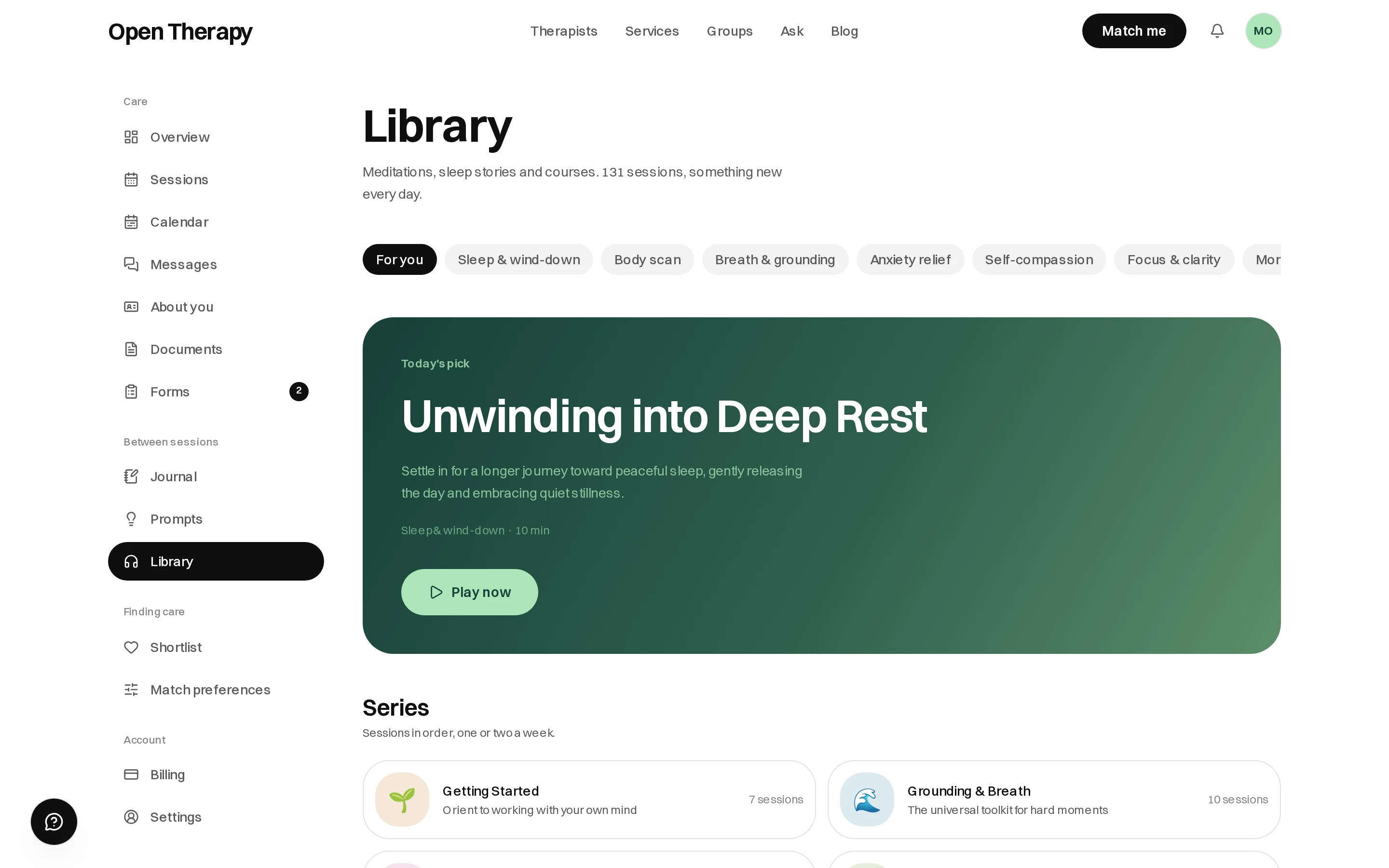The Library page in the workspace with topic filter pills, a Today's pick panel for a ten-minute sleep-and-wind-down session titled Unwinding into Deep Rest with a Play now button, and a Series section listing Getting Started and Grounding and Breath.