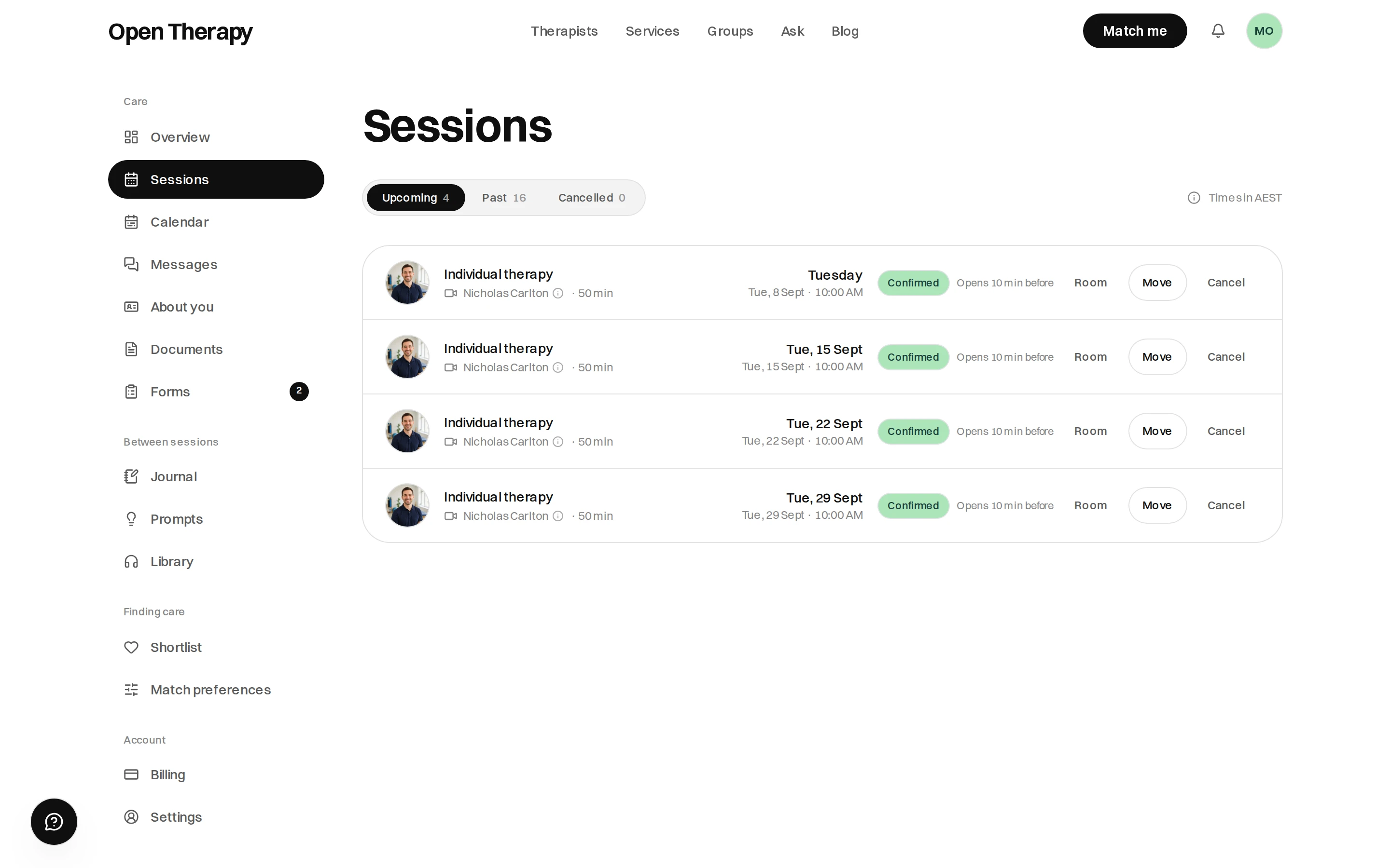 Sessions page in the workspace, with a sidebar grouped into Care, Between sessions, Finding care and Account, and a list of upcoming sessions each offering Room, Move and Cancel.