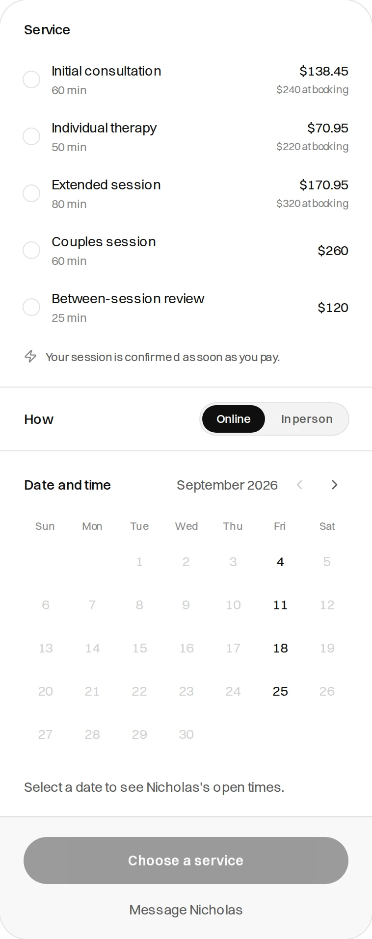 The booking panel listing paid services with the Medicare gap as the figure and the listed price underneath as at booking, Online selected beside In person, a September 2026 calendar with some Fridays selectable, the line Select a date to see Nicholas's open times, and buttons reading Choose a service and Message Nicholas