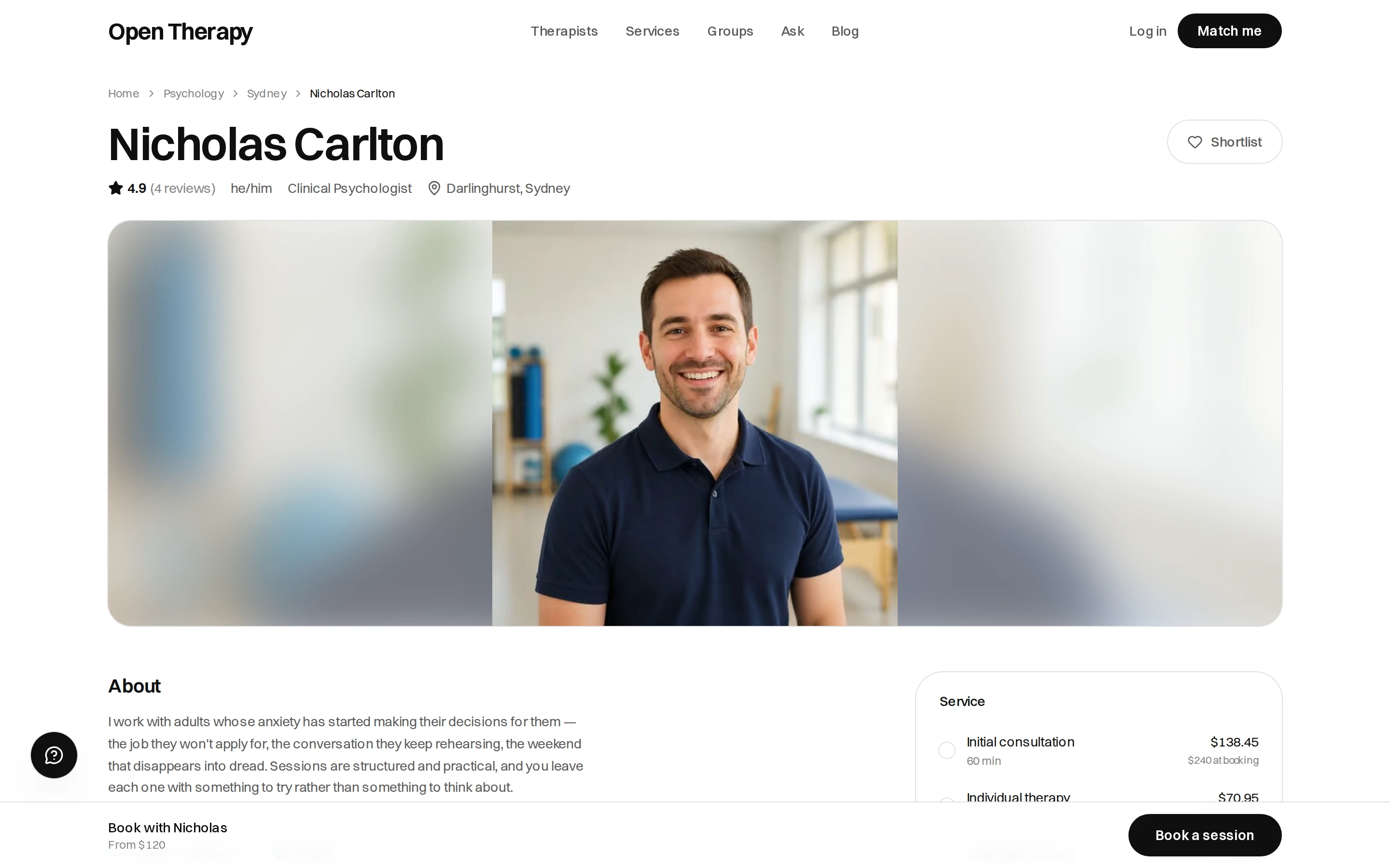 A therapist profile headed Nicholas Carlton, with a 4.9 rating from 4 reviews, pronouns he/him, Clinical Psychologist, Darlinghurst, Sydney, a Shortlist button, and a large portrait