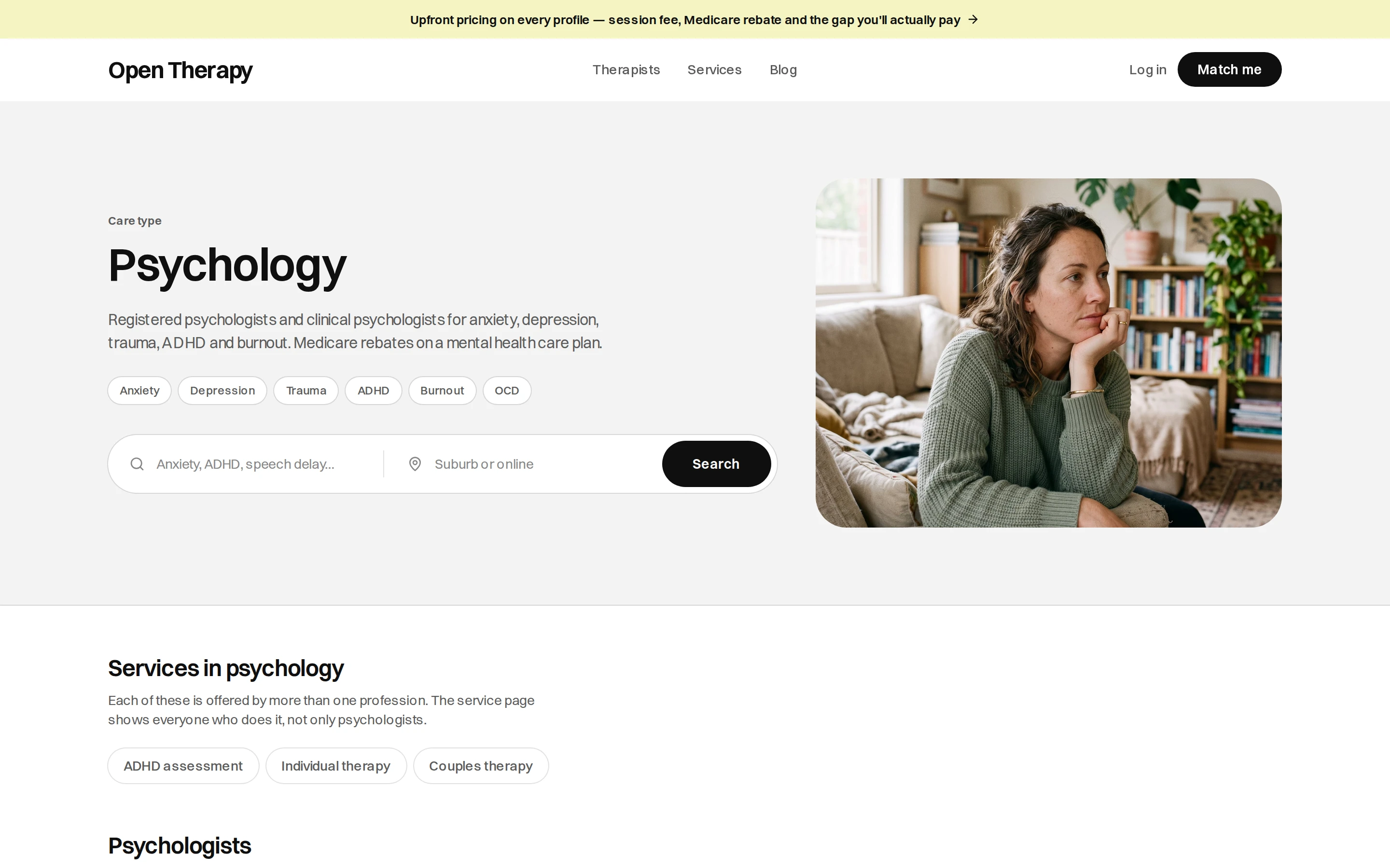 Psychology care type page with a description, tags for anxiety, depression, trauma, ADHD, burnout and OCD, a search field, a list of services in psychology, and a Groups and courses section.