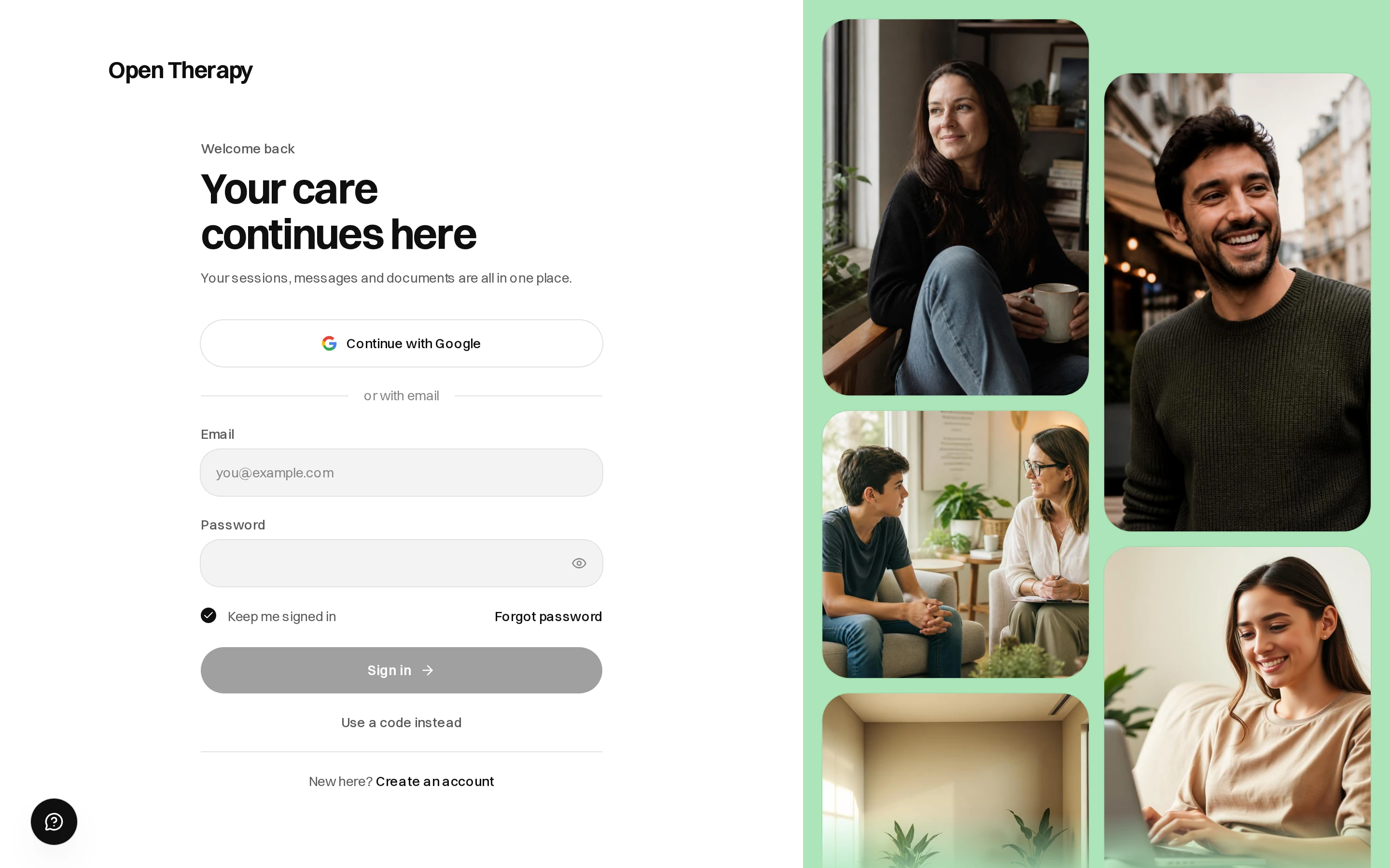 The Open Therapy login page with email and password fields, a tick box to keep you signed in, a Forgot password link, a Sign in button, a Use a code instead link, and a Create an account link at the bottom