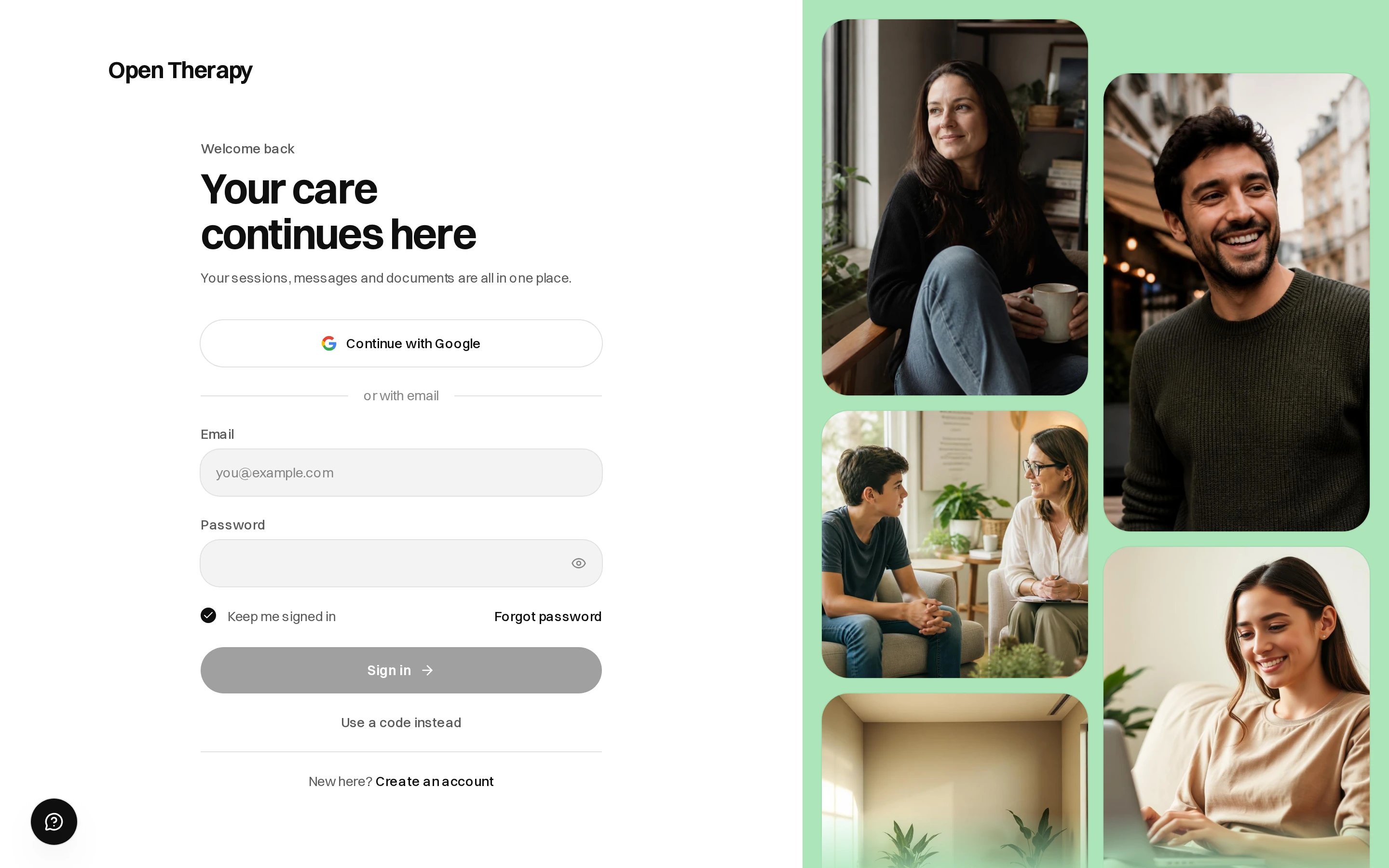 The Open Therapy login page with email and password fields, a tick box to keep you signed in, a Forgot password link, a Sign in button, a Use a code instead link, and a Create an account link at the bottom