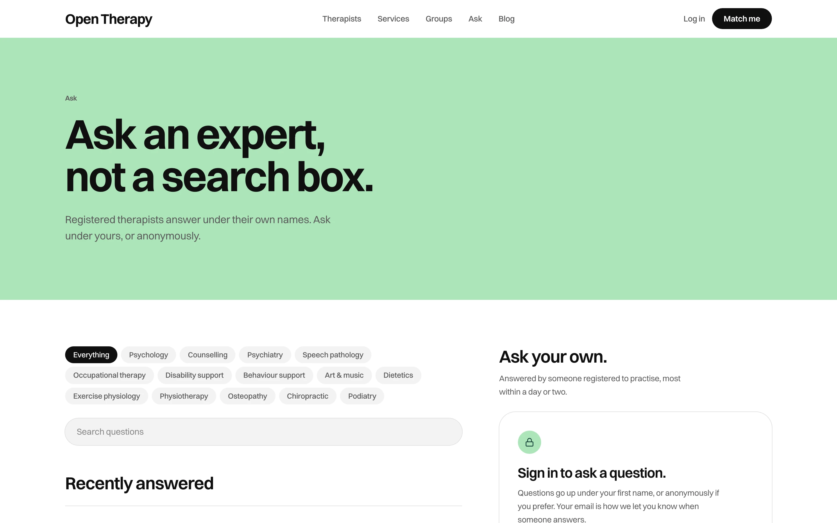 The public Ask page headed Ask an expert, not a search box, saying registered therapists answer under their own names and a question can be asked anonymously, with pills for every care category, a question search, a Recently answered feed and a panel inviting you to sign in to ask