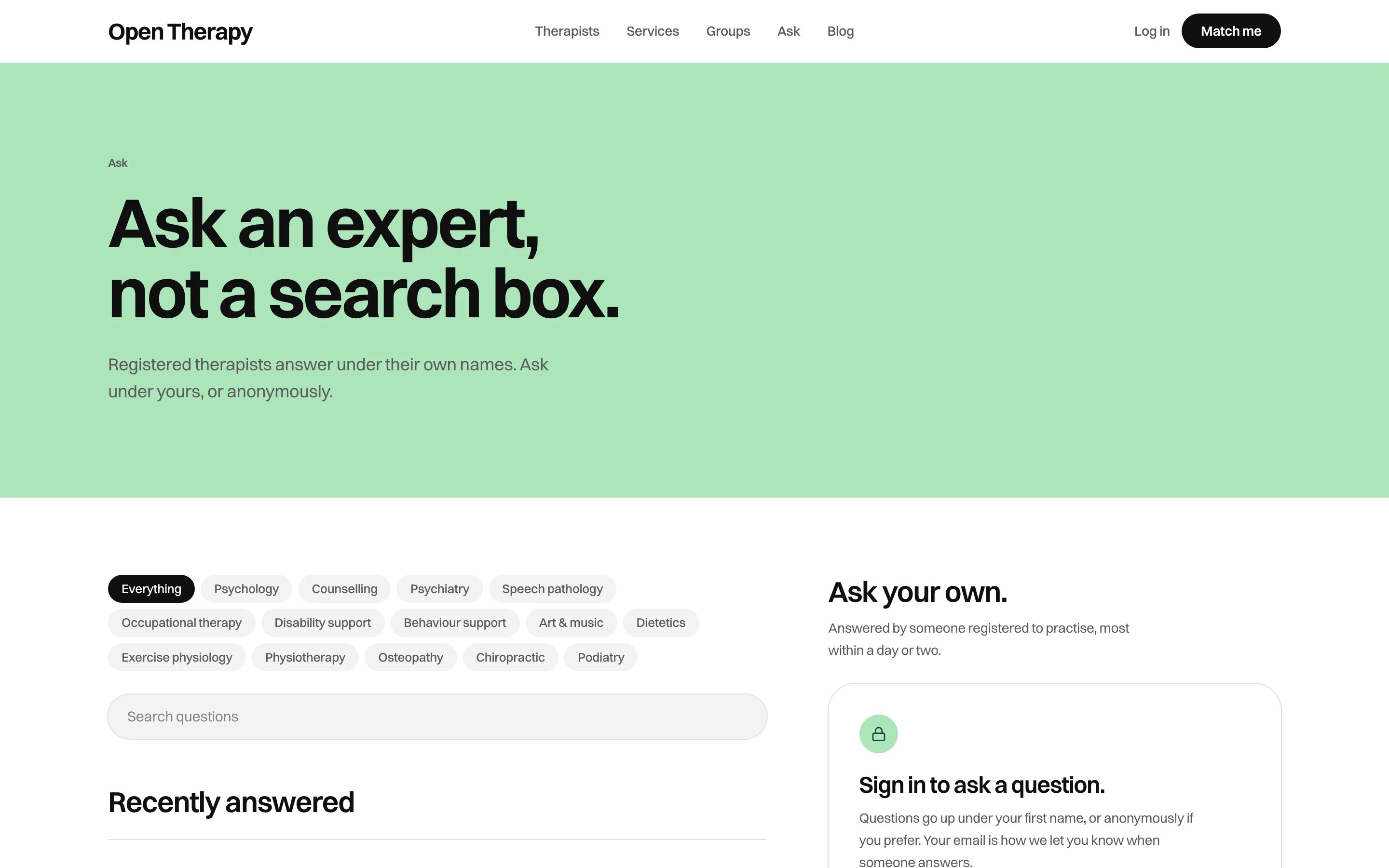 The public Ask page headed Ask an expert, not a search box, saying registered therapists answer under their own names and a question can be asked anonymously, with pills for every care category, a question search, a Recently answered feed and a panel inviting you to sign in to ask