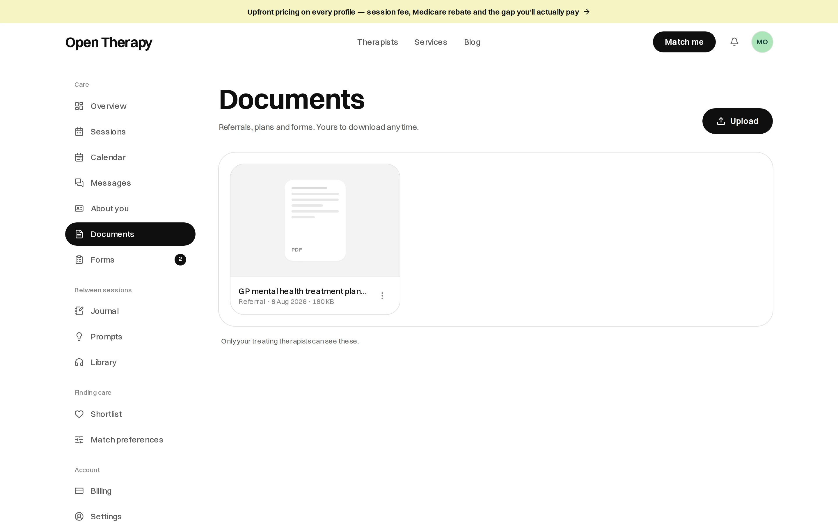 The Documents page in the workspace with an Upload button and one filed PDF, a GP mental health treatment plan tagged as a referral with its date and file size, above a line reading that only your treating therapists can see these.