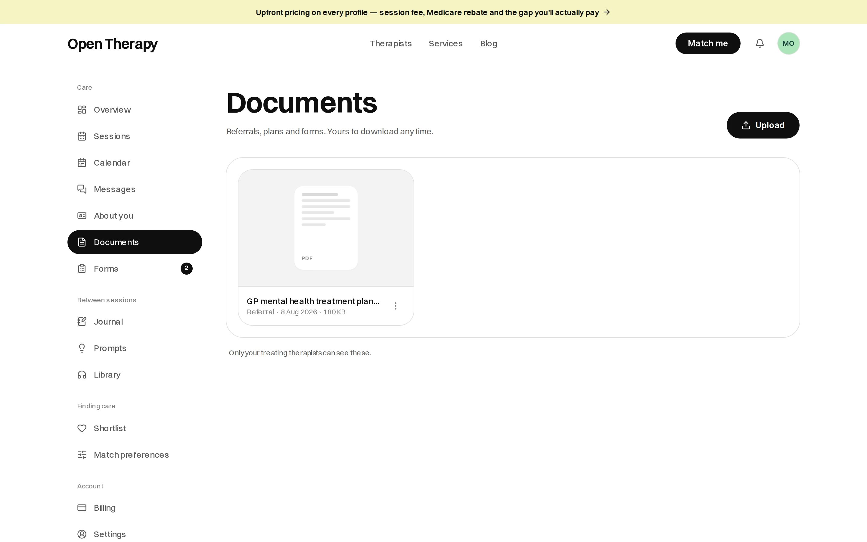 The Documents page in the workspace with an Upload button and one filed PDF, a GP mental health treatment plan tagged as a referral with its date and file size, above a line reading that only your treating therapists can see these.