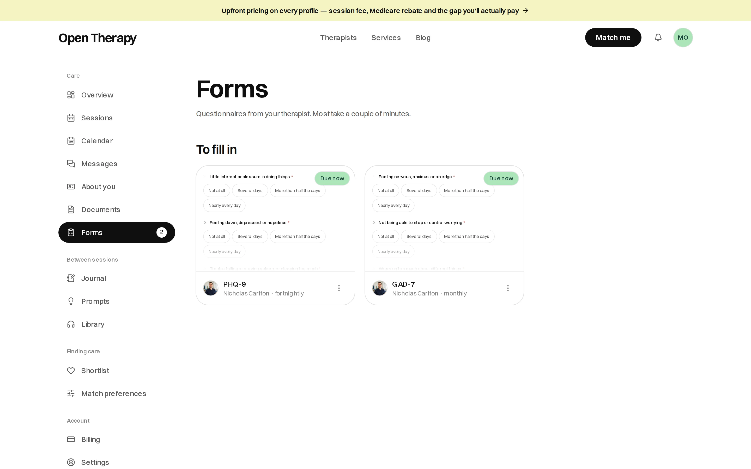 The Forms page in the workspace, described as questionnaires from your therapist, showing two preview cards under To fill in — a PHQ-9 sent fortnightly and a GAD-7 sent monthly — each badged Due now and naming the therapist who sent it.