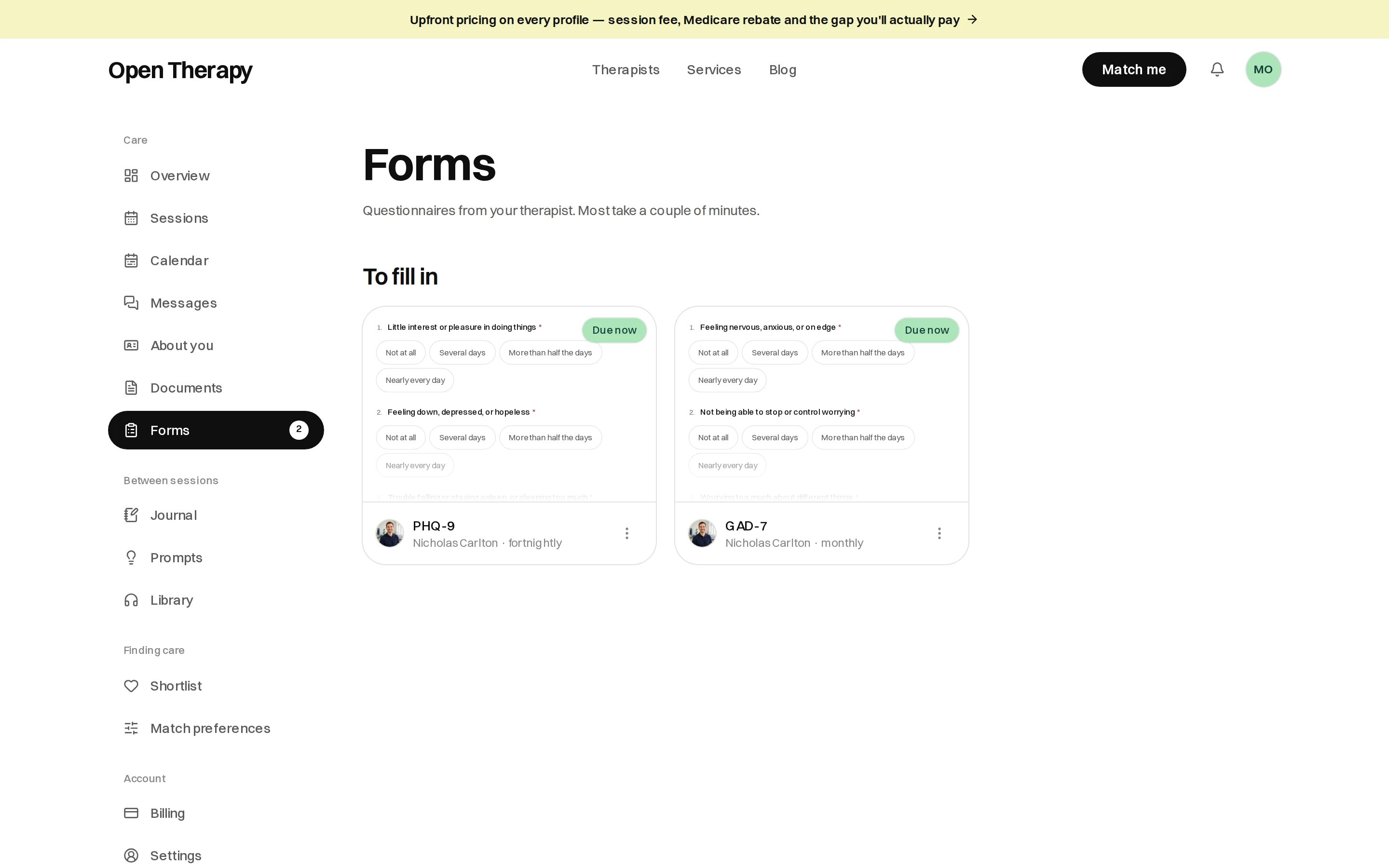 The Forms page in the workspace, described as questionnaires from your therapist, showing two preview cards under To fill in — a PHQ-9 sent fortnightly and a GAD-7 sent monthly — each badged Due now and naming the therapist who sent it.