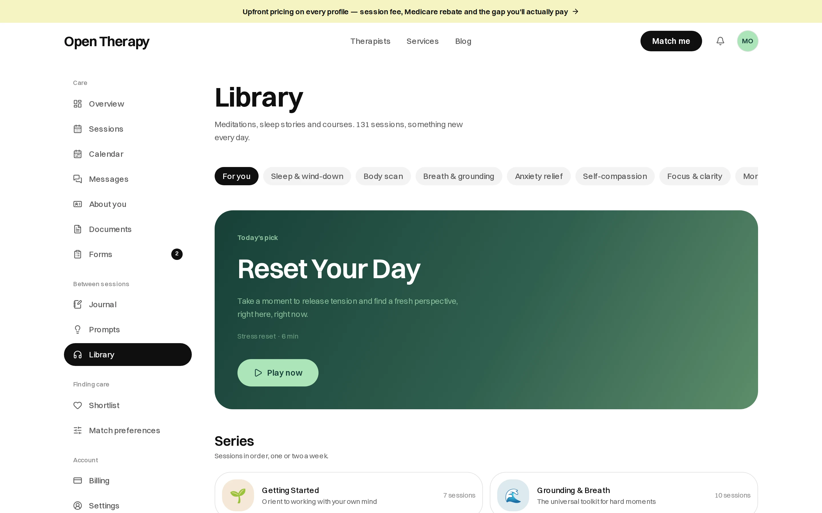 The Library page in the workspace with topic filter pills, a Today's pick panel for a ten-minute body scan with a Play now button, and a Series section listing sets of sessions to take in order.