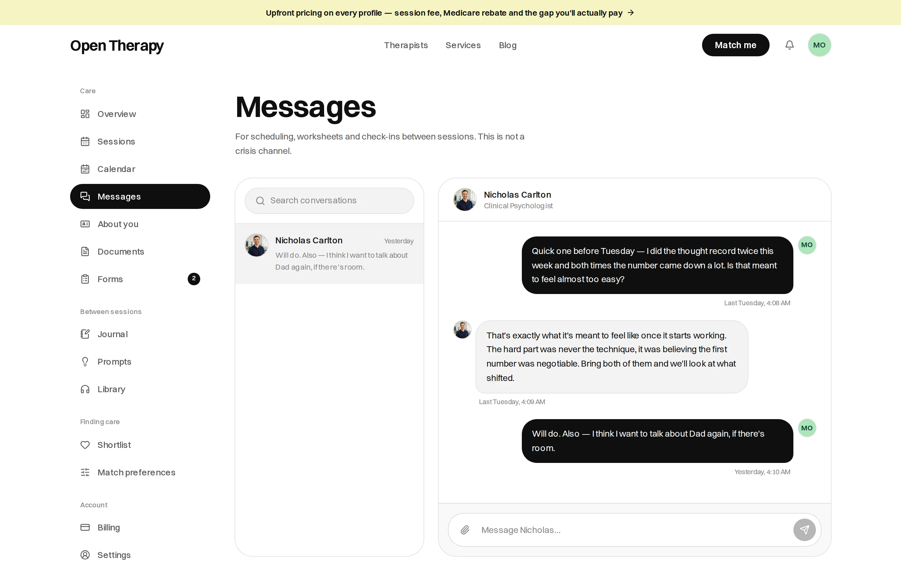 The Messages page in the workspace, noting that it is for scheduling, worksheets and check-ins between sessions and is not a crisis channel, with a searchable conversation list on the left and an open thread with a clinical psychologist on the right above a message box with an attachment button.