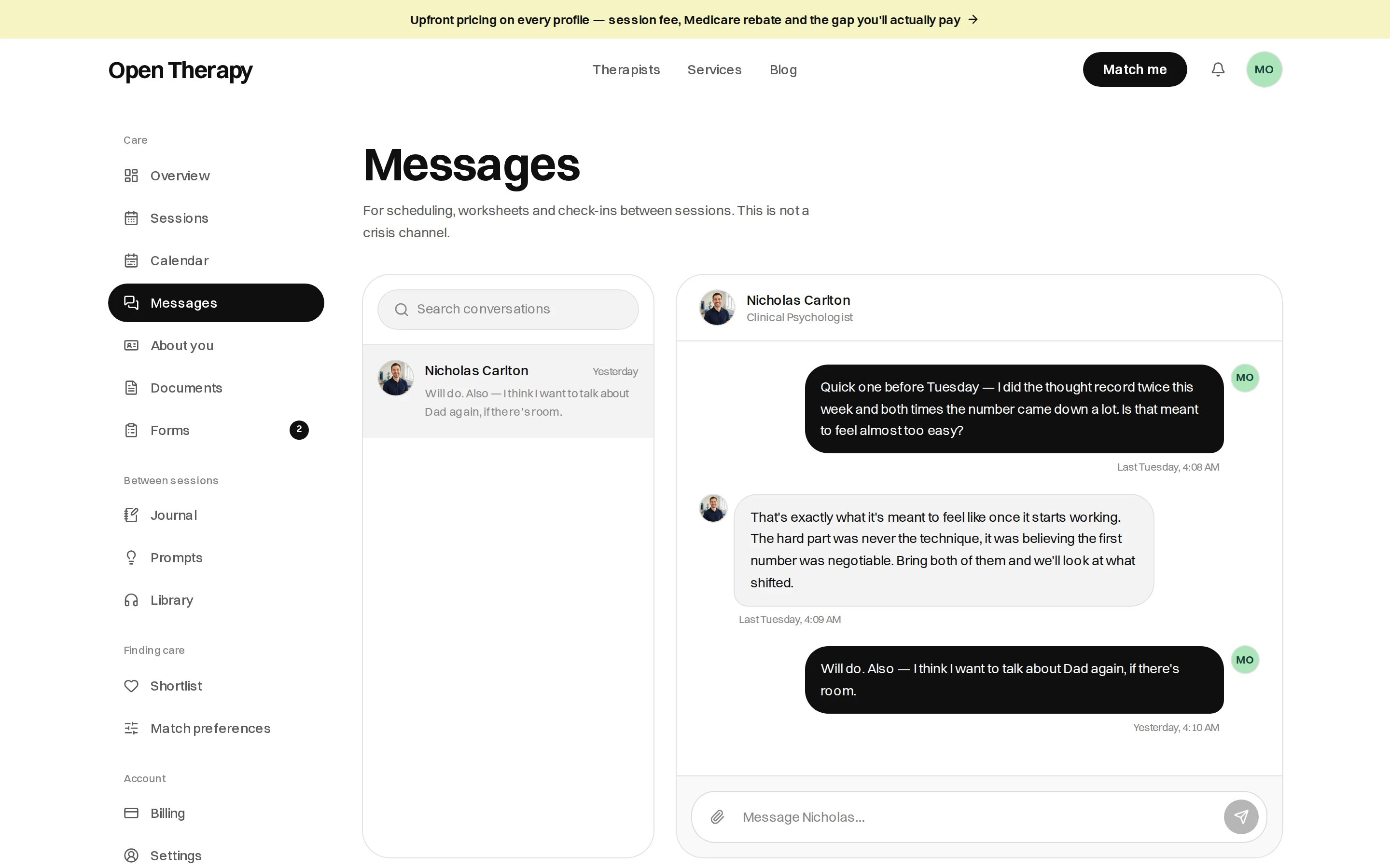 The Messages page in the workspace, noting that it is for scheduling, worksheets and check-ins between sessions and is not a crisis channel, with a searchable conversation list on the left and an open thread with a clinical psychologist on the right above a message box with an attachment button.
