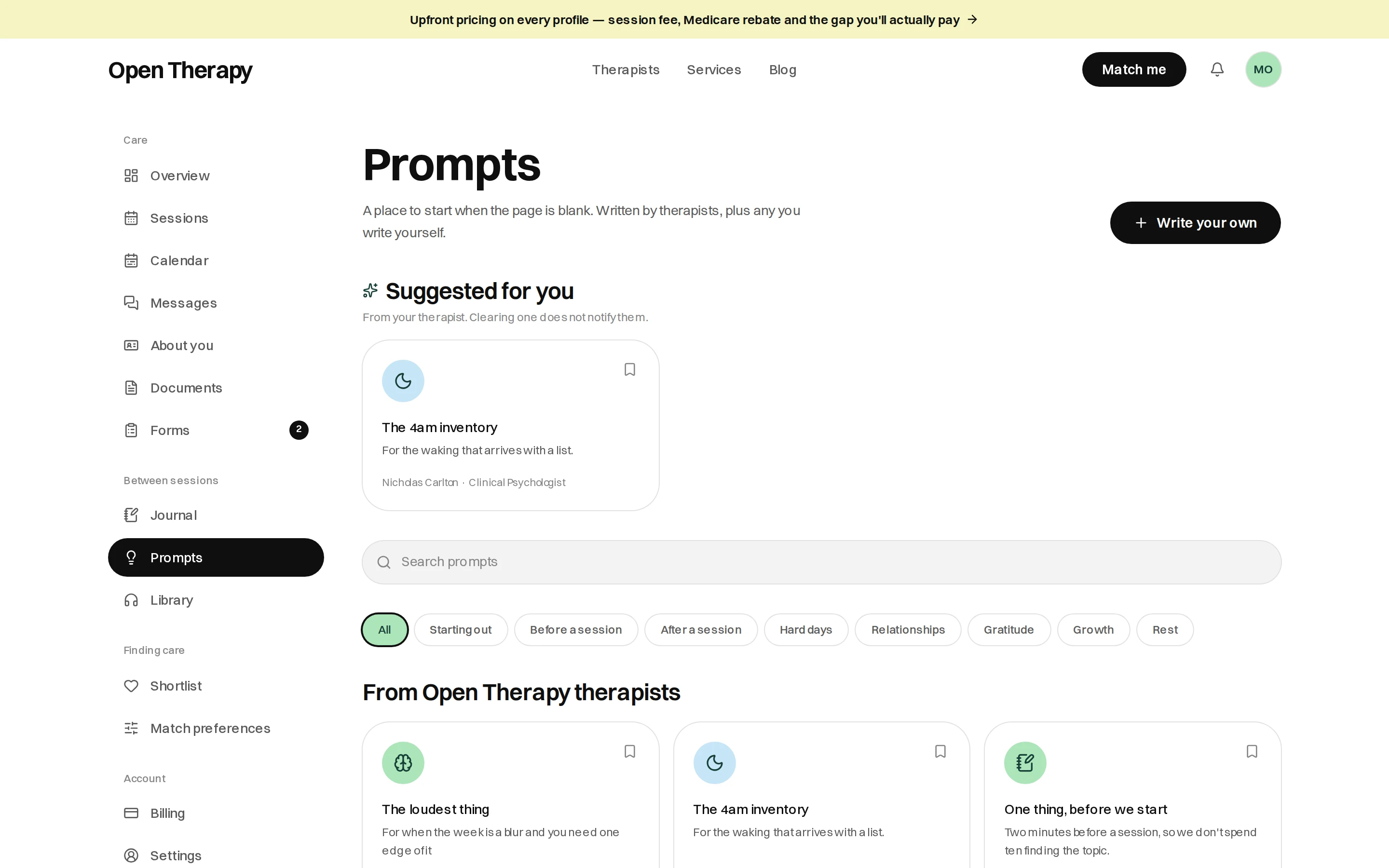 The Prompts page in the workspace with a Write your own button, a Suggested for you card from a clinical psychologist, a search field, category filter pills, and a row of prompt cards under the heading From Open Therapy therapists, each with a bookmark in the corner.