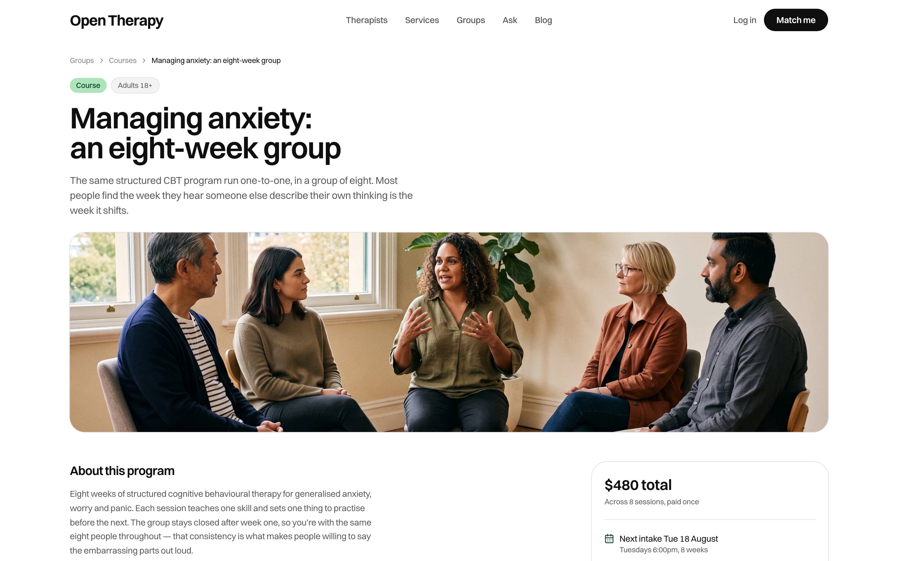 A program page for an eight-week anxiety course, badged Course and Adults 18 plus, with a summary of the program, a photograph of a facilitated group, an About this program section, and a panel giving the total across eight sessions paid once and the next intake date and weekly time.