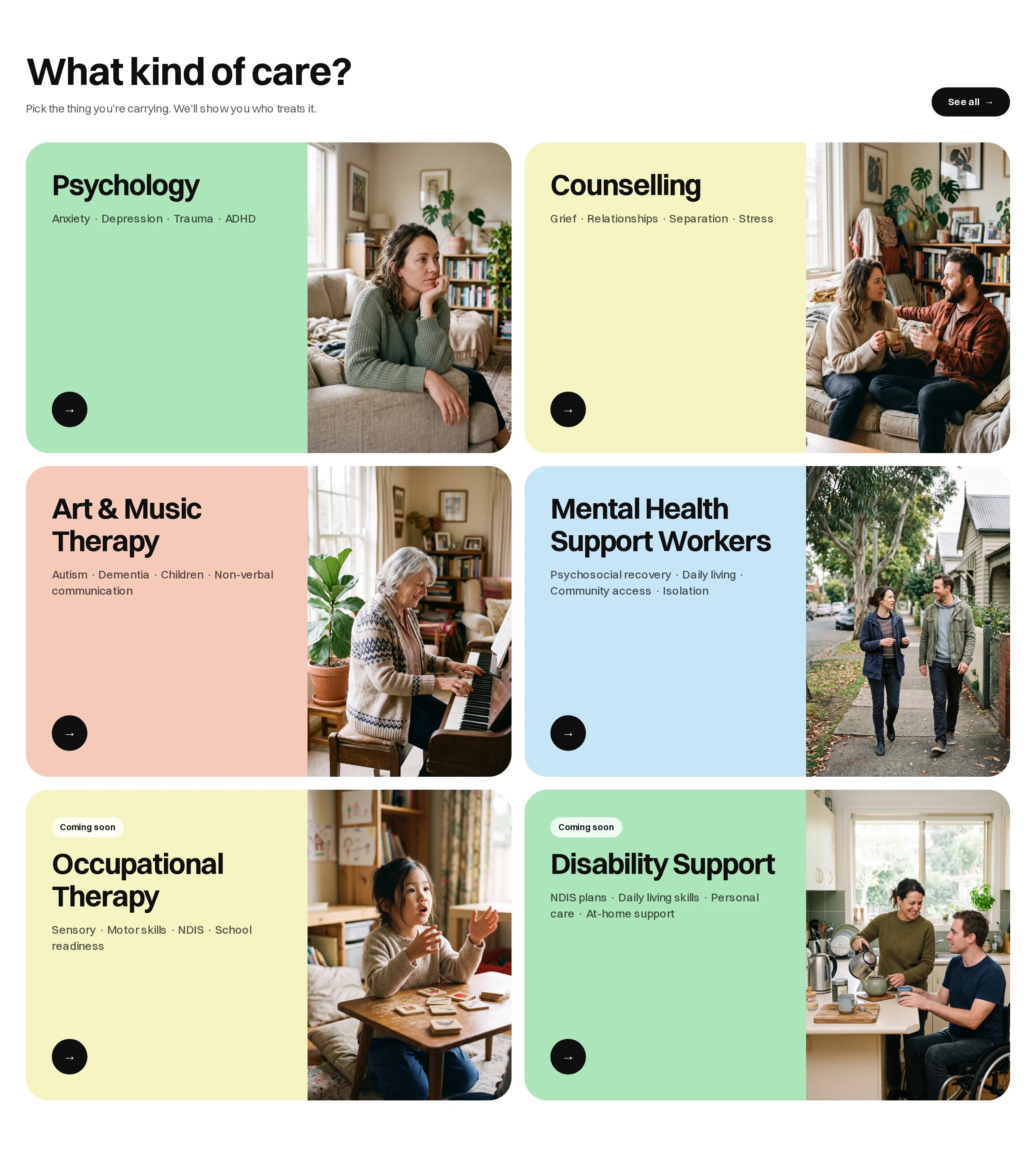 What kind of care grid with cards for Psychology and Counselling, and cards for Speech pathology and Occupational therapy each marked Coming soon.