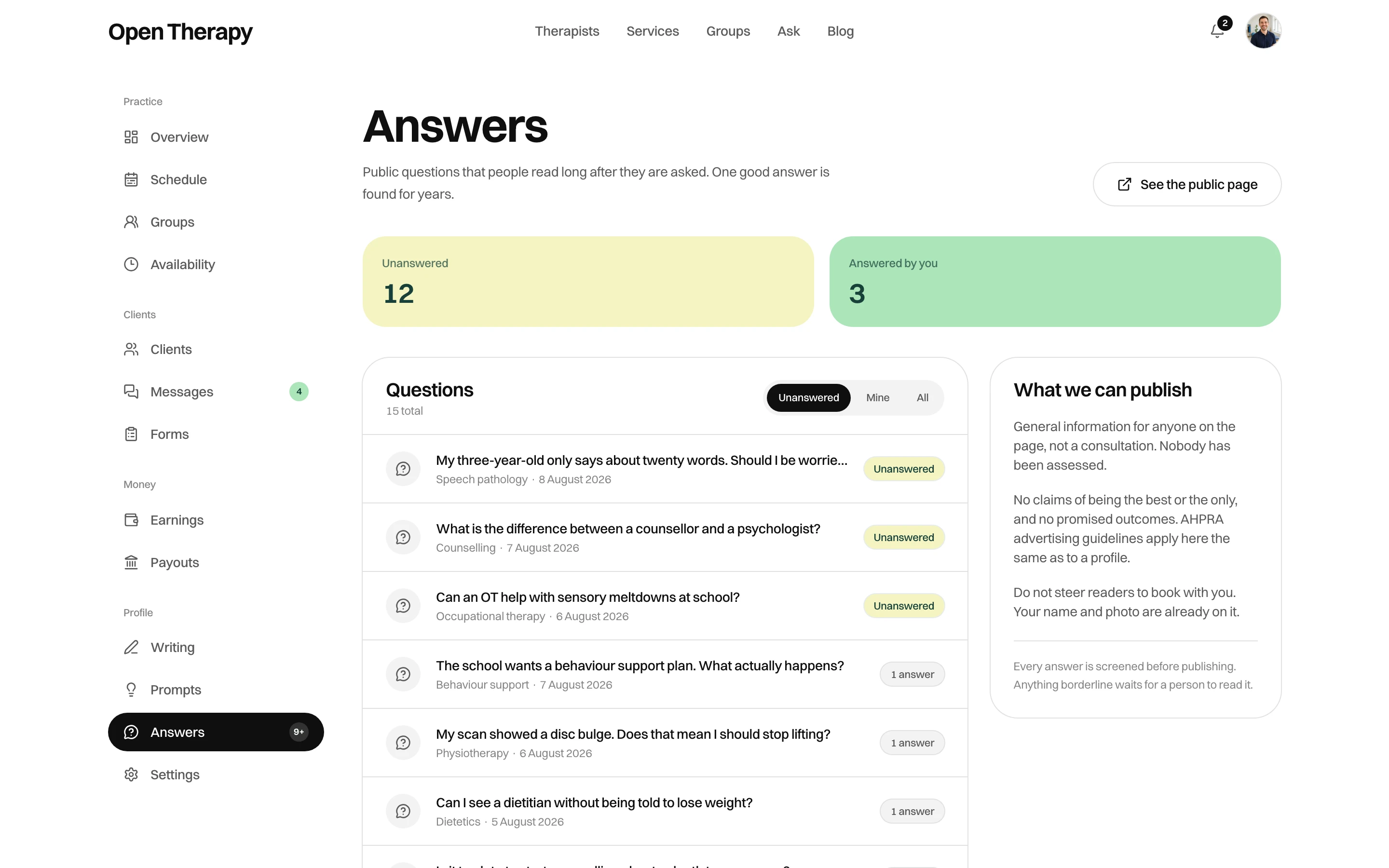 The Answers queue with 12 unanswered questions and 3 answered by you, filters for Unanswered, Mine and All, a list of questions tagged with disciplines such as speech pathology, counselling and dietetics, and a panel setting out what can be published in an answer
