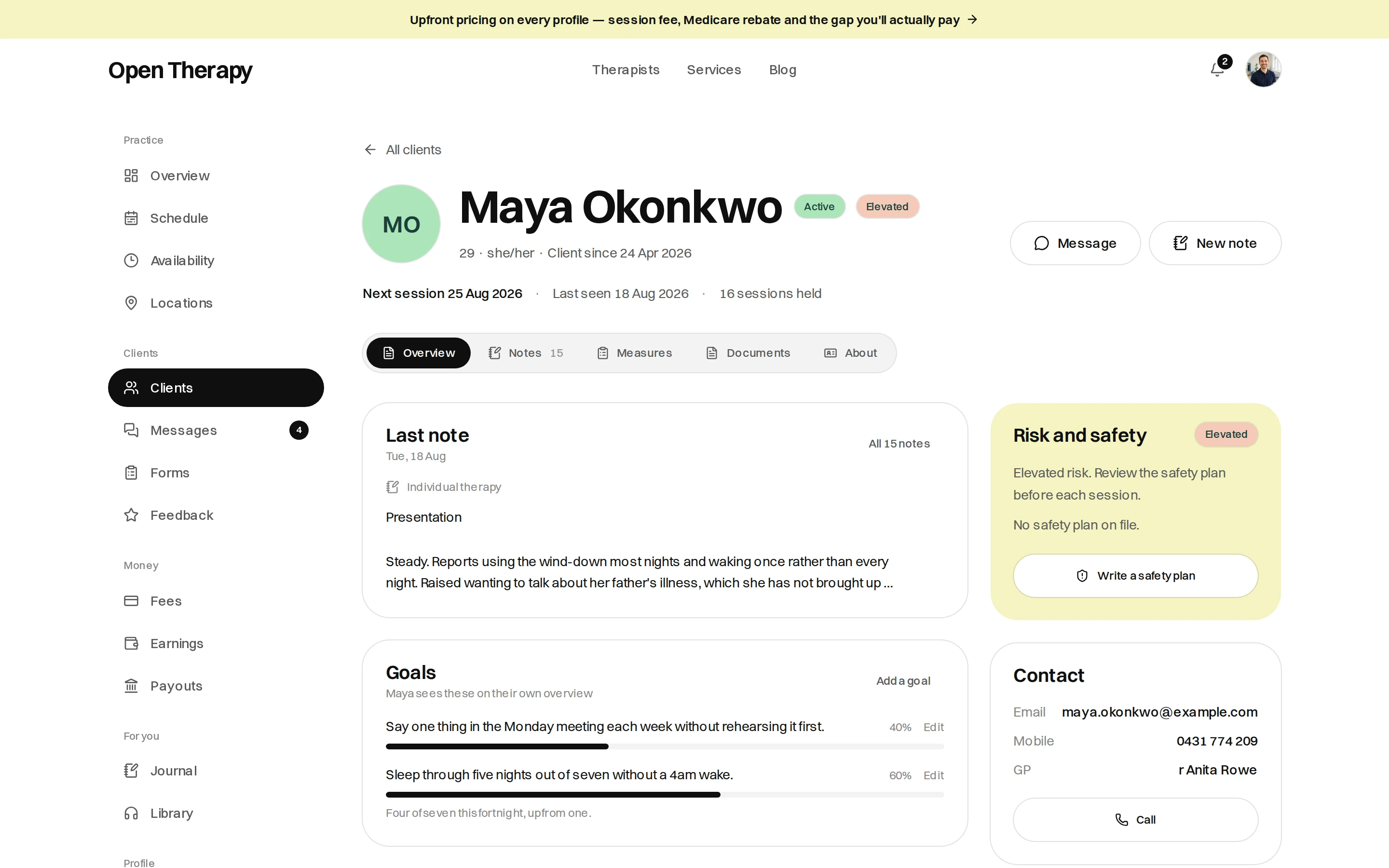 A client file for Maya Okonkwo marked Active and Elevated, with Message and New note buttons, the next session, last seen date and 16 sessions held, tabs for Overview, Notes, Measures and Documents, an empty clinical summary, two goals at 40 and 60 per cent, a risk and safety panel linking to the safety plan, and a contact panel with email, mobile and GP