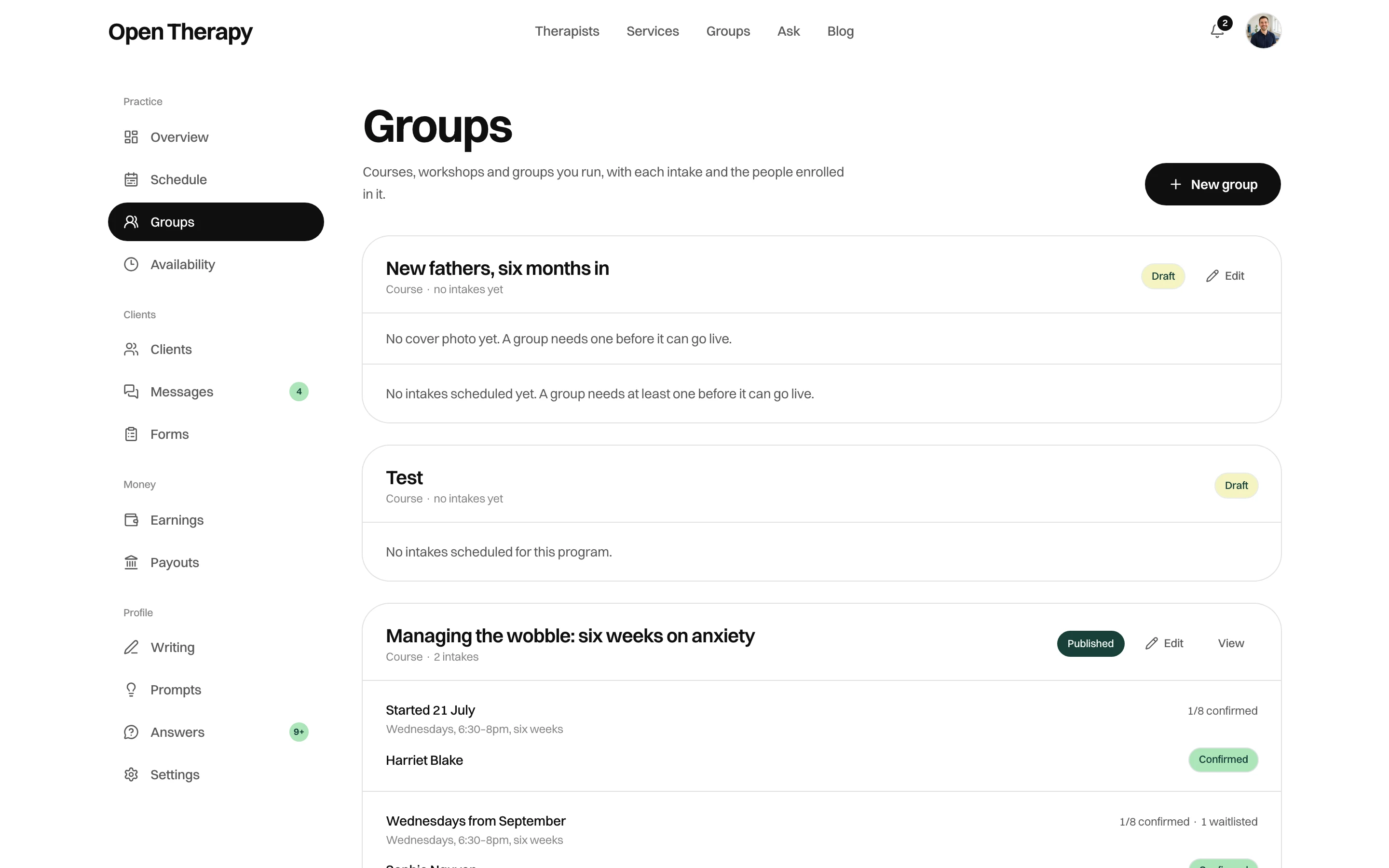 The Groups screen with a New group button and three programs: two drafts, one saying it has no cover photo and no intakes scheduled yet, and a published six-week anxiety course with two intakes, each showing its schedule line and one of eight places confirmed, with one person waitlisted on the September intake