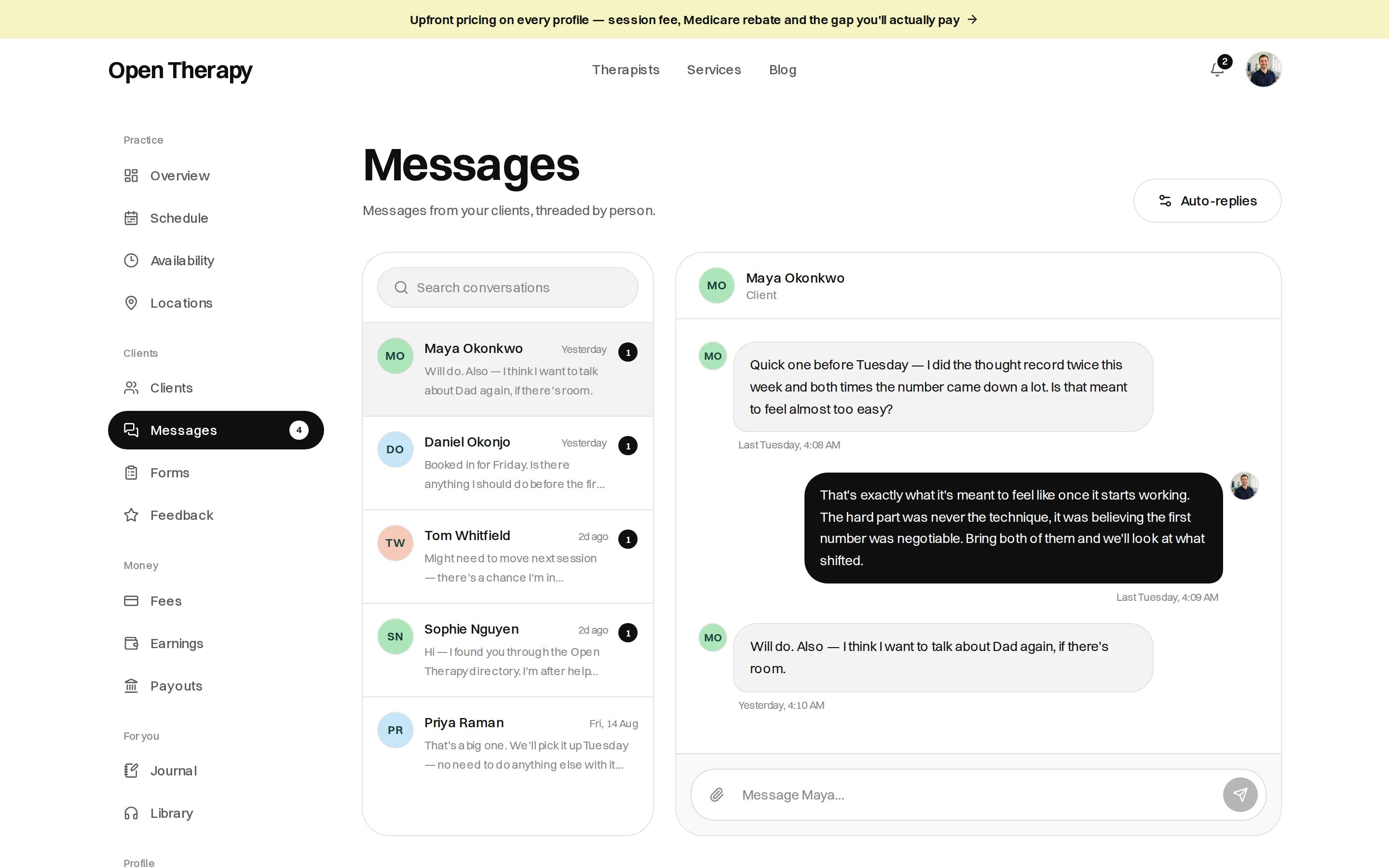 The Messages screen with a searchable list of five conversations, each showing a preview and an unread count, and an open thread with a client where her question and the therapist's reply sit above a box reading Message Maya