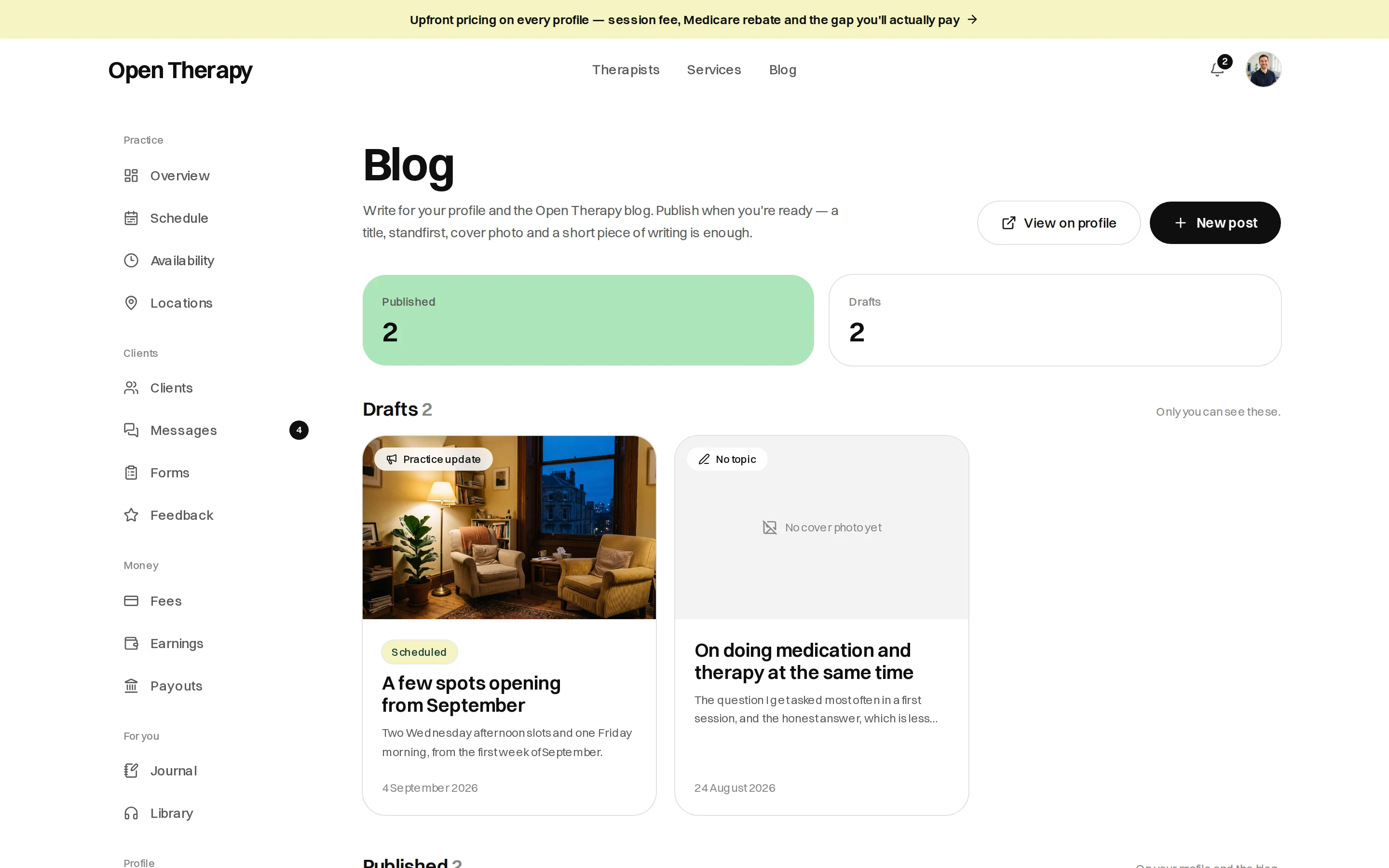 The Writing screen with a New post button, counts of 2 published posts, 1 draft and 2,046 total reads, a list of four posts each with its state and read count, a panel listing where posts appear, and a panel of suggestions for what gets read