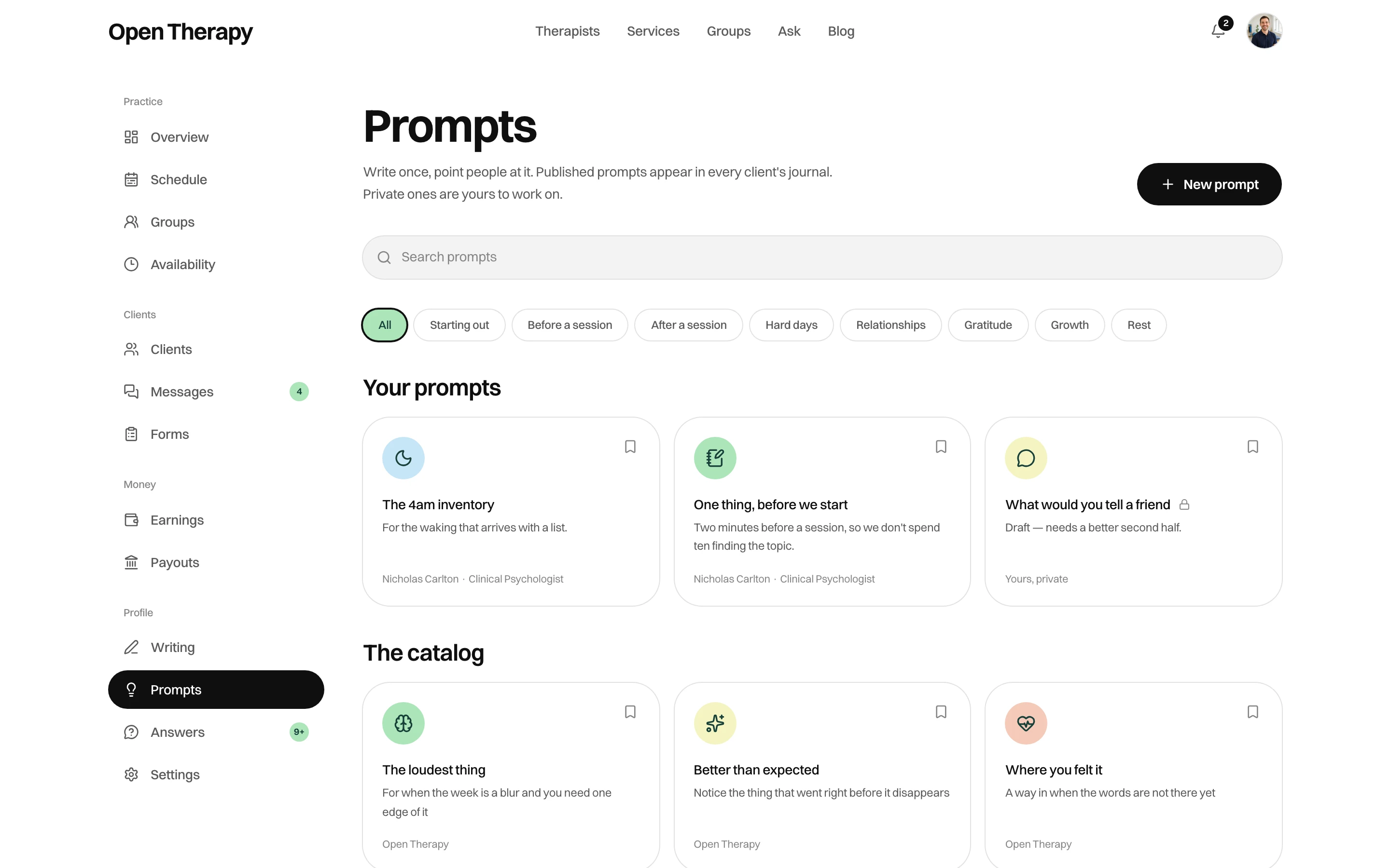 The therapist Prompts screen with a New prompt button, a search field, category filters from All to Rest, a Your prompts row of three cards bylined with the therapist's name and discipline, one marked Draft and private, and a catalog row of prompts bylined Open Therapy