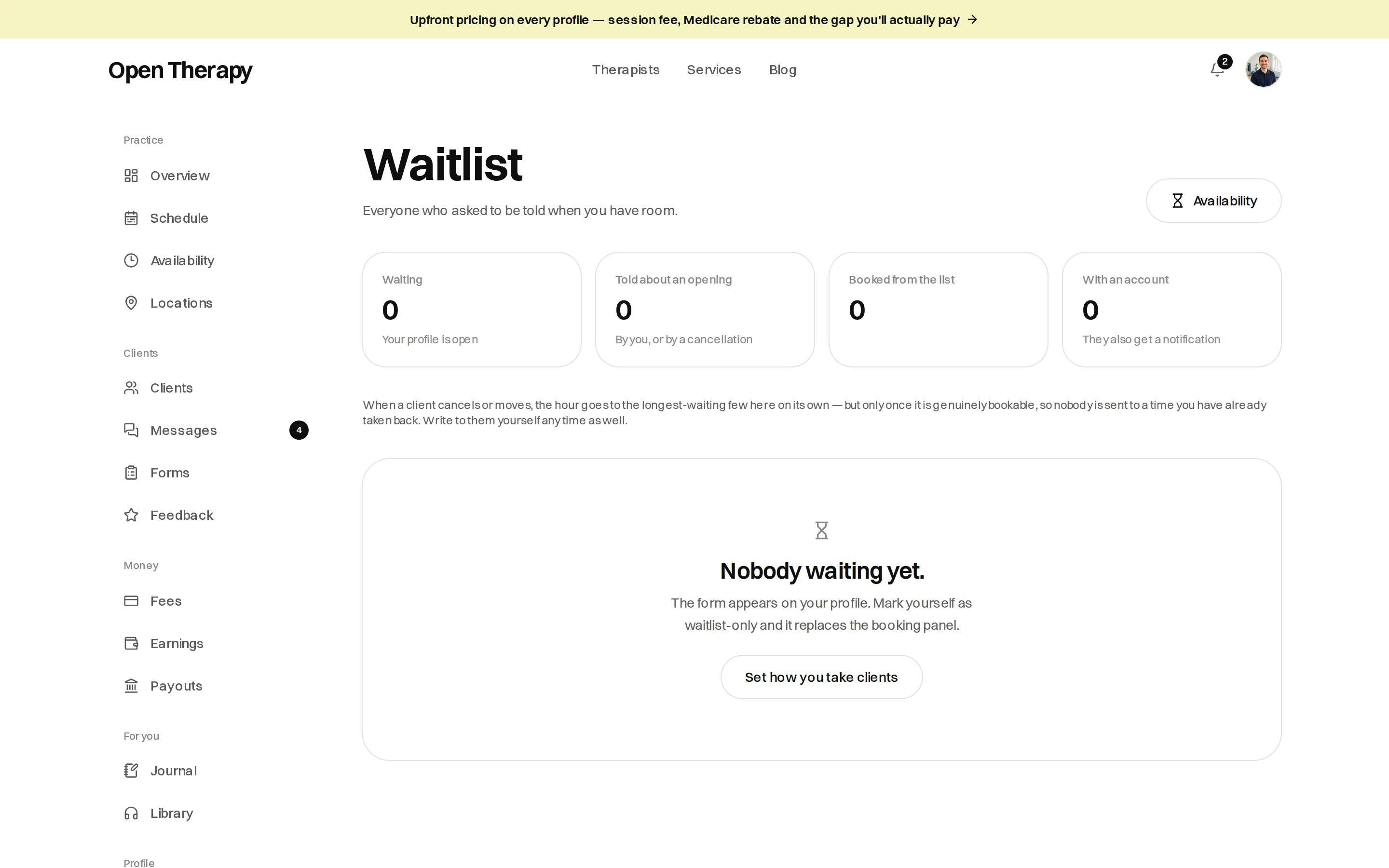 The Waitlist screen with an Availability button and four counts all reading zero: waiting, told about an opening, booked from the list, and with an account; below them an empty state reading Nobody waiting yet, explaining that the form appears on your profile when you mark yourself waitlist-only, with a button to set how you take clients