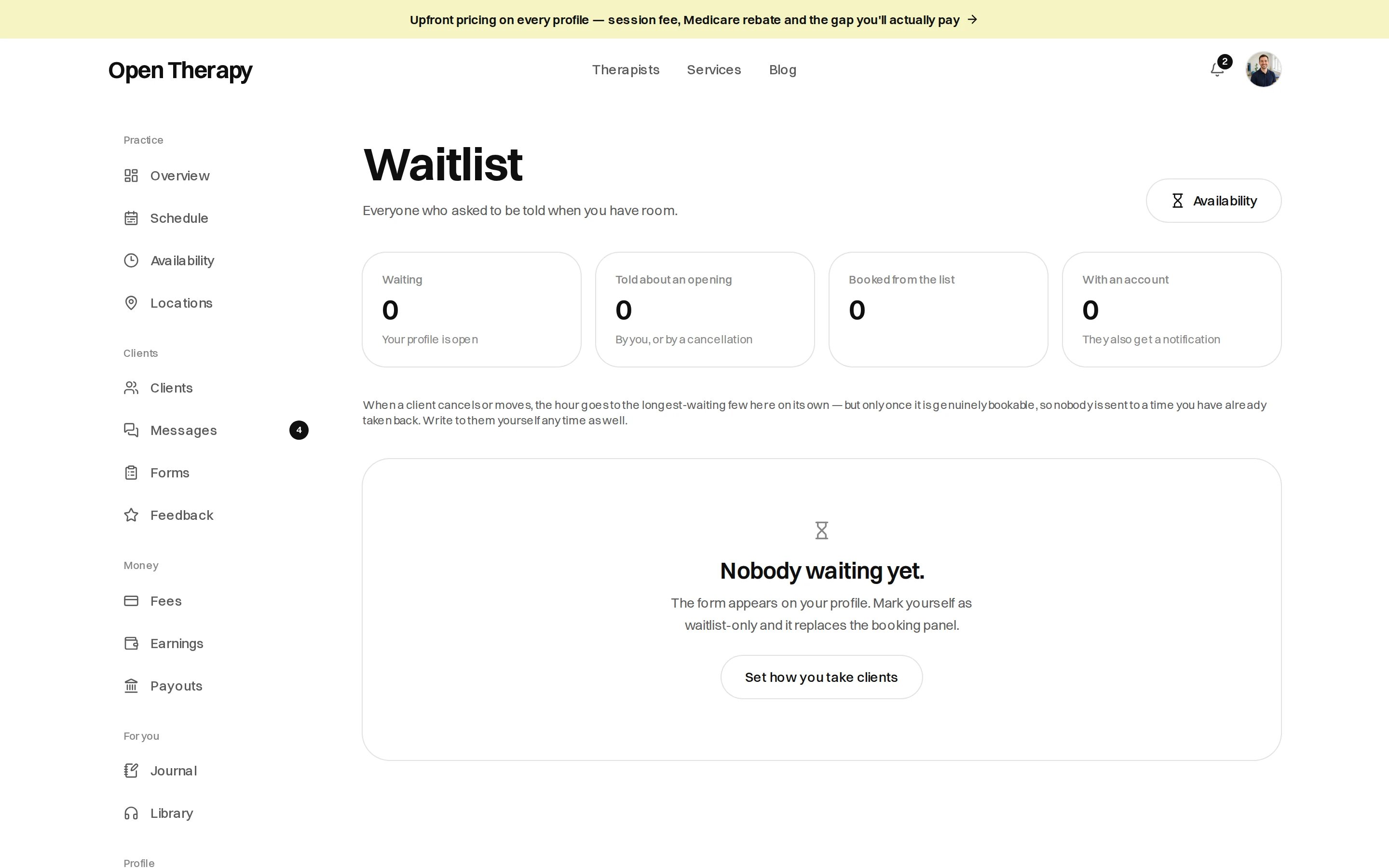 The Waitlist screen with an Availability button and four counts all reading zero: waiting, told about an opening, booked from the list, and with an account; below them an empty state reading Nobody waiting yet, explaining that the form appears on your profile when you mark yourself waitlist-only, with a button to set how you take clients