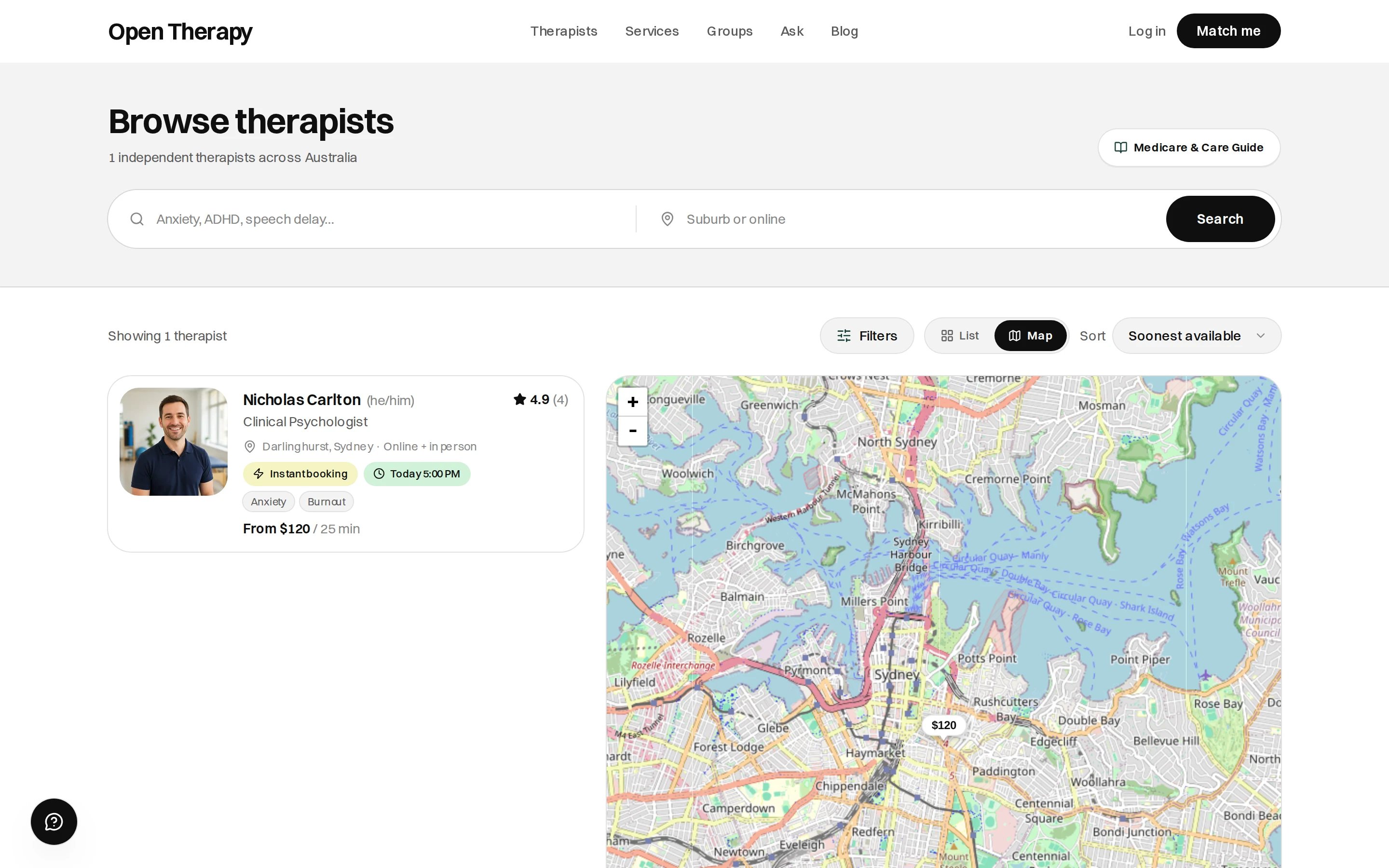 The directory in map view, with the List and Map toggle set to Map, a therapist card on the left showing Instant booking and From \$120 / 25 min, and a map of Sydney with a single \$120 price pin near Darlinghurst
