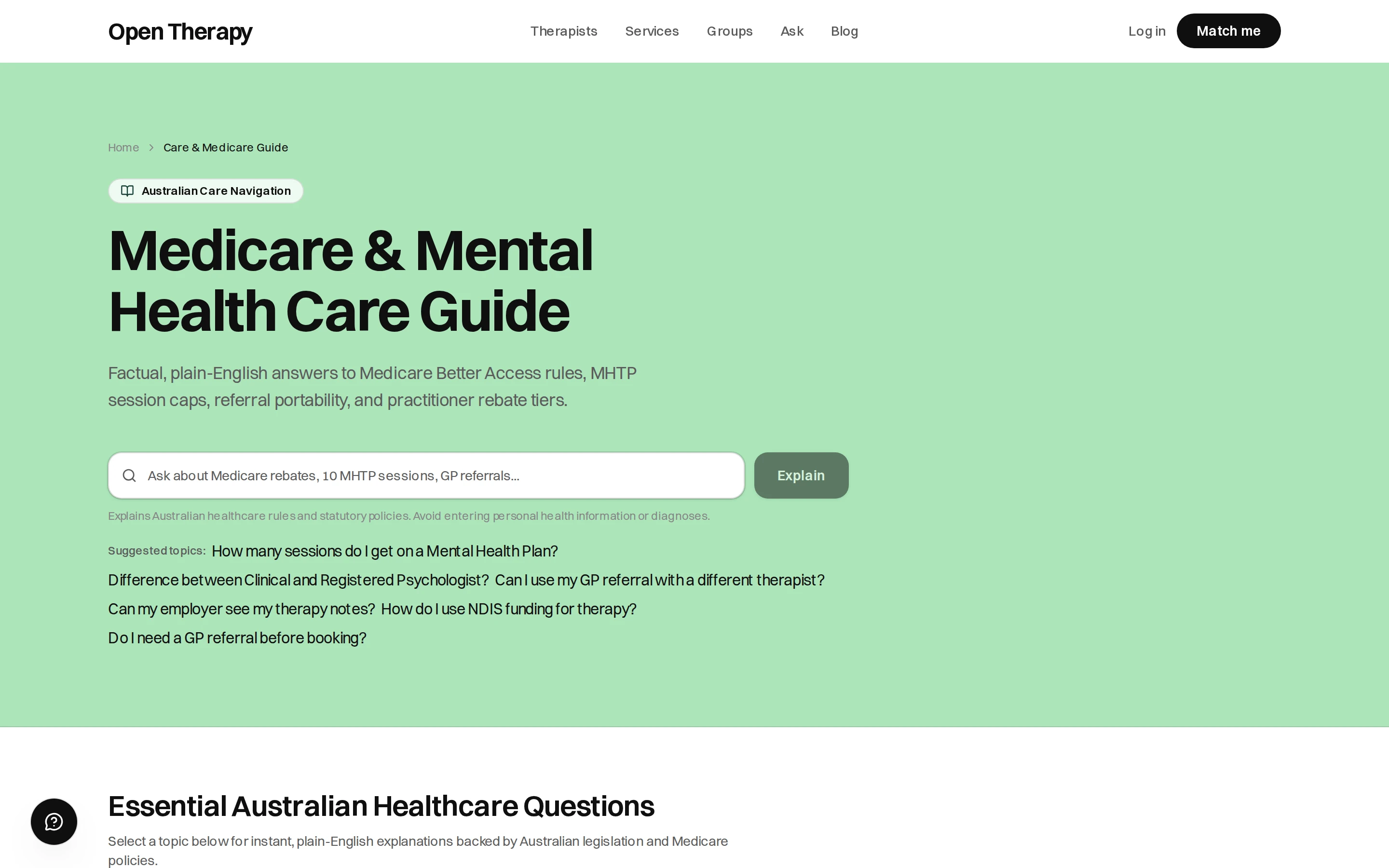 The Medicare and Mental Health Care Guide, headed Australian Care Navigation, with a search field reading Ask about Medicare rebates, 10 MHTP sessions, GP referrals, an Explain button, and suggested questions about Mental Health Treatment Plan sessions, clinical versus registered psychologists, and using a GP referral with a different therapist