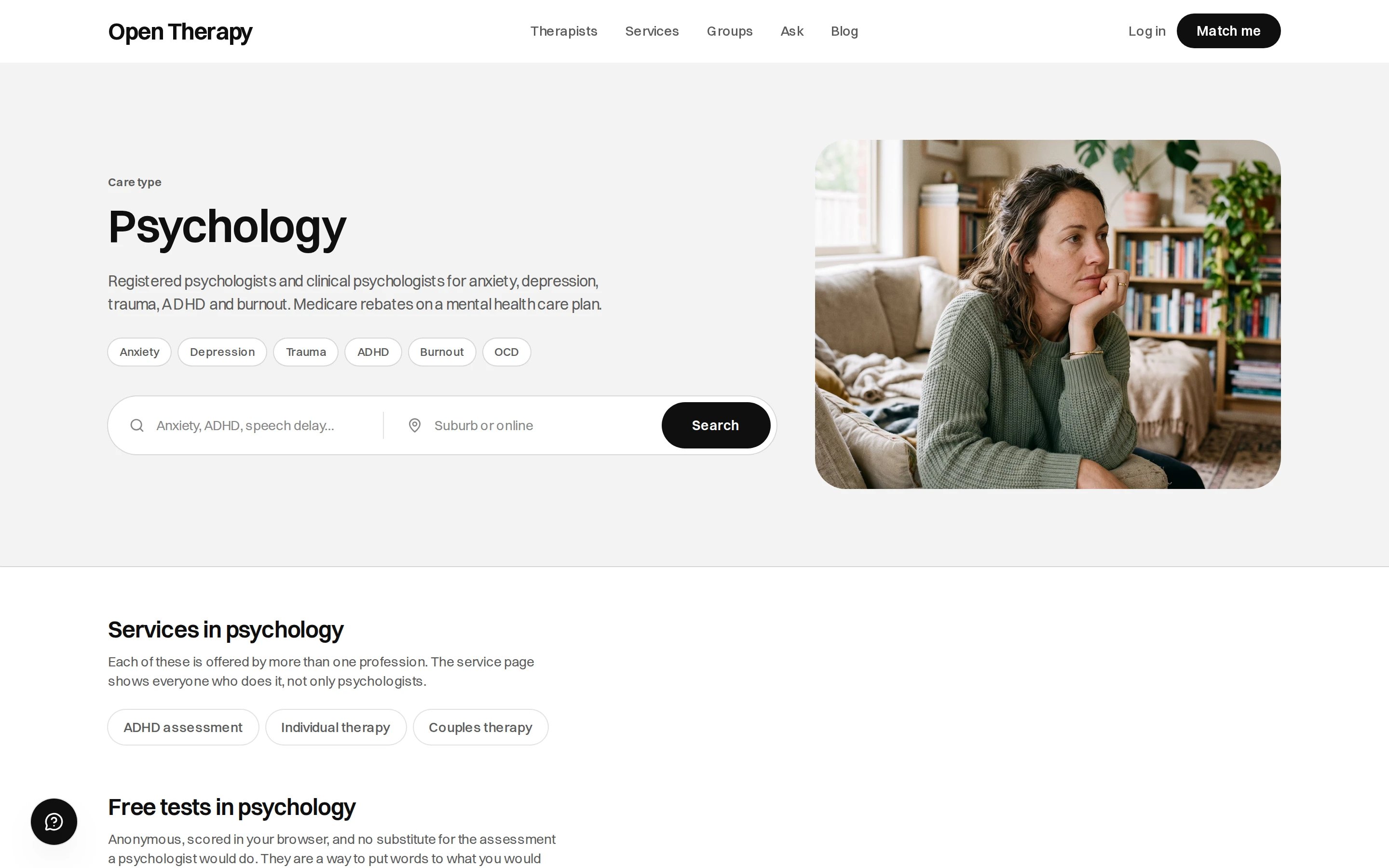 Psychology care type page with a description, tags for anxiety, depression, trauma, ADHD, burnout and OCD, a search field, a list of services in psychology, and a Groups and courses section.