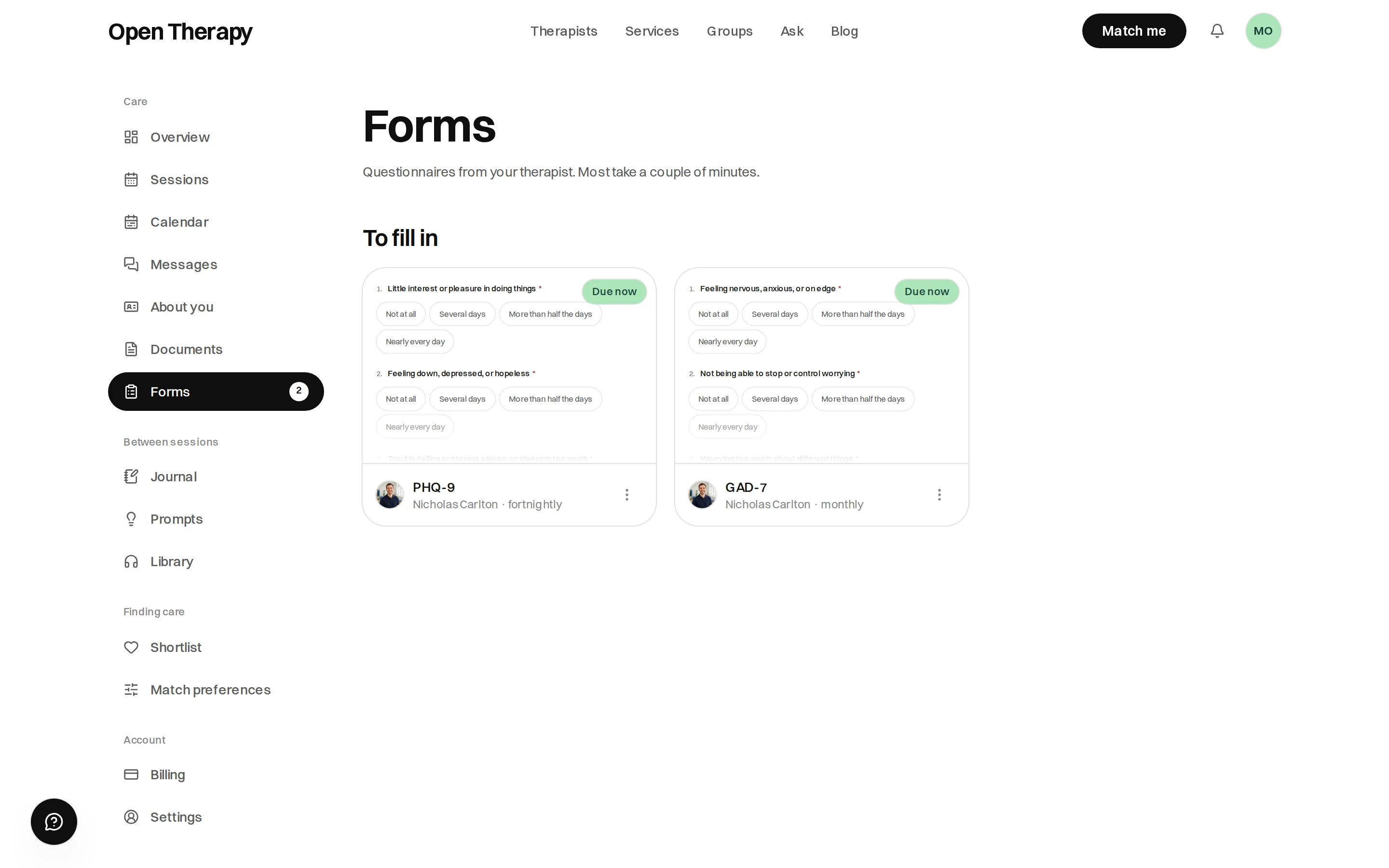 The Forms page in the workspace, described as questionnaires from your therapist, showing two preview cards under To fill in — a PHQ-9 sent fortnightly and a GAD-7 sent monthly — each badged Due now and naming the therapist who sent it.