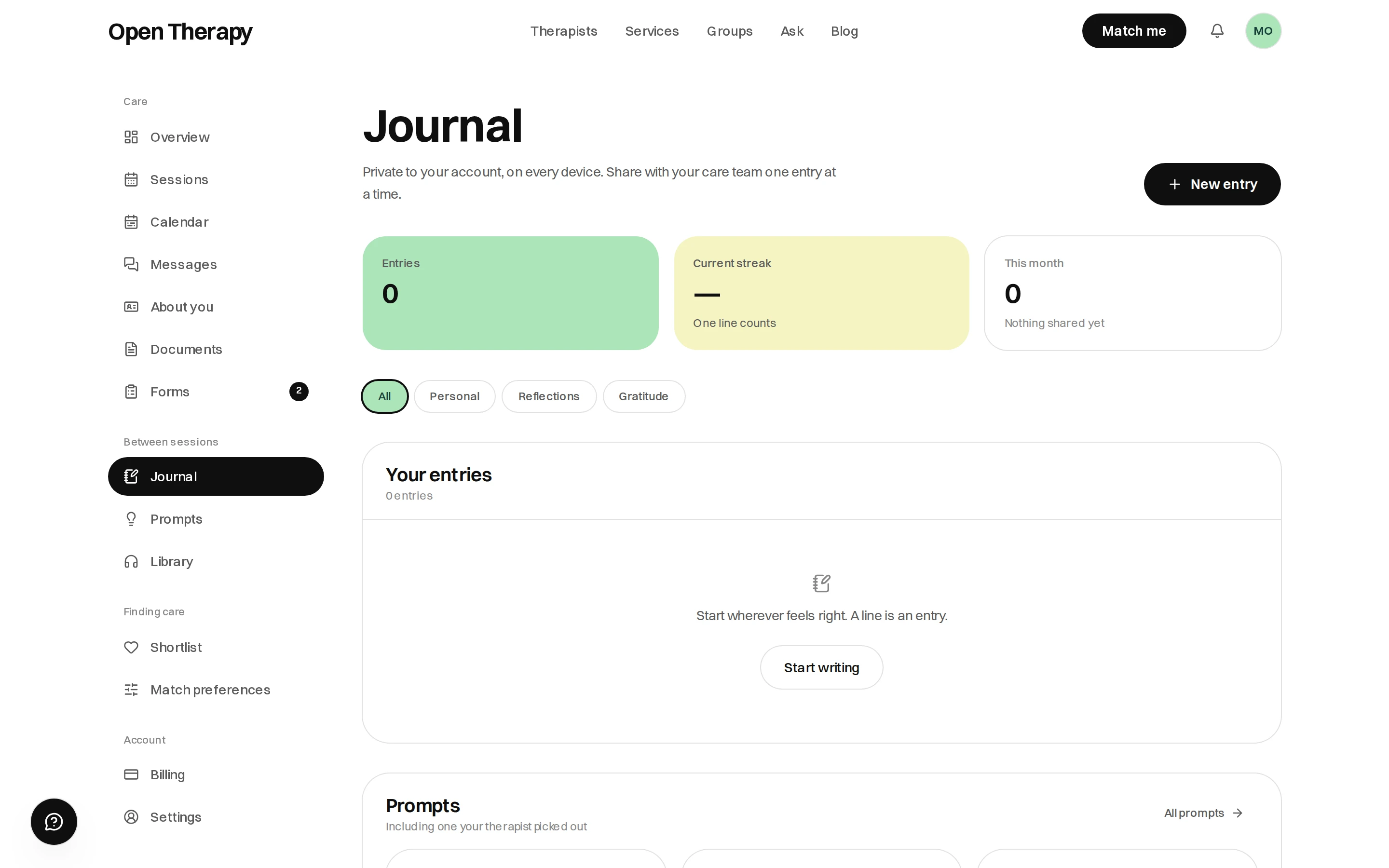 The Journal page in the workspace with a New entry button, cards for entries, current streak and this month, filter pills reading All, Personal, Reflections and Gratitude, an empty entries list inviting you to start writing, and a prompts section below.