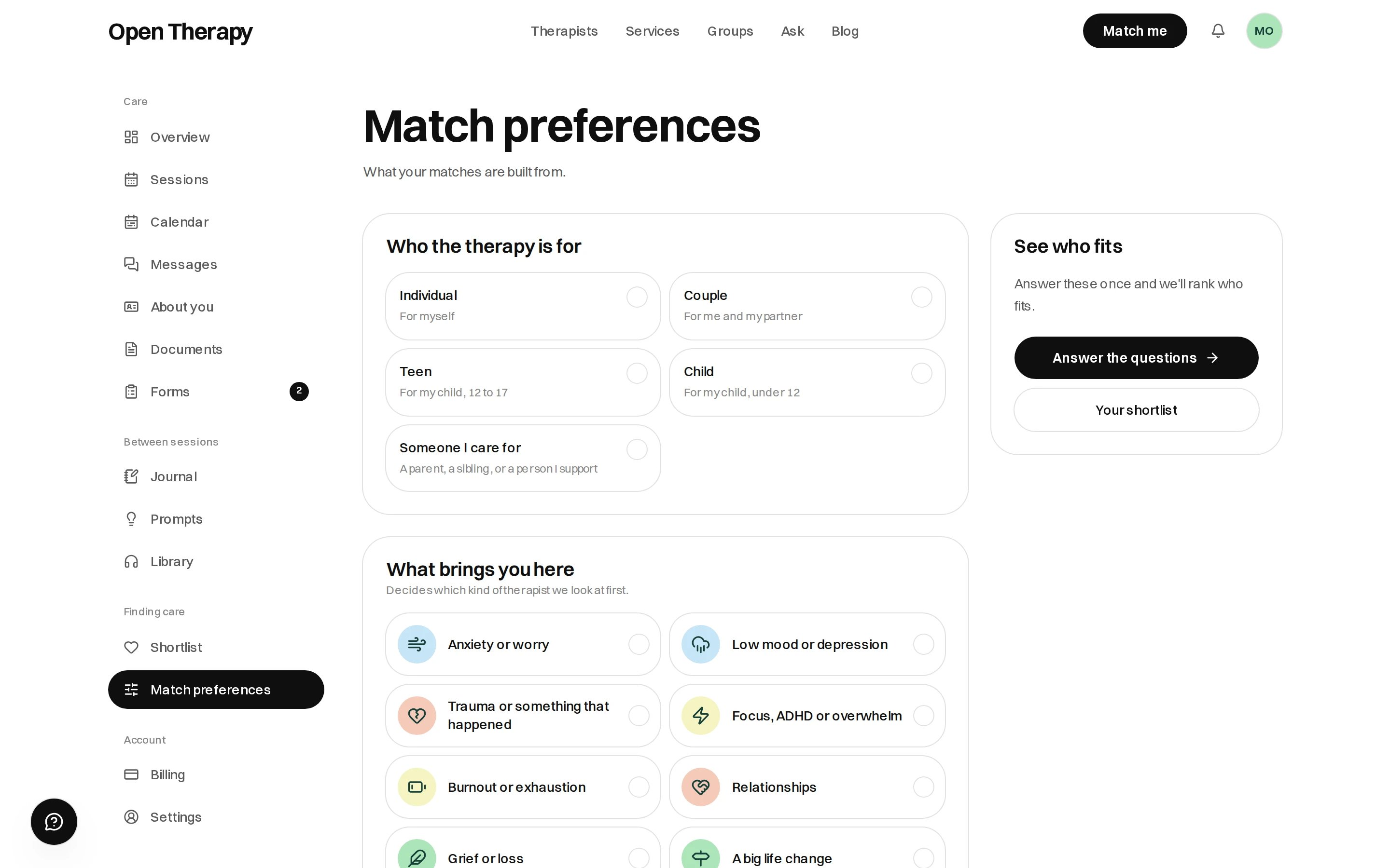 The Match preferences page in the workspace, with a Who the therapy is for panel offering Individual, Couple, Teen, Child and Someone I care for, a What brings you here panel listing concerns such as anxiety, low mood and grief, and a See who fits panel with Answer the questions and Your shortlist buttons.