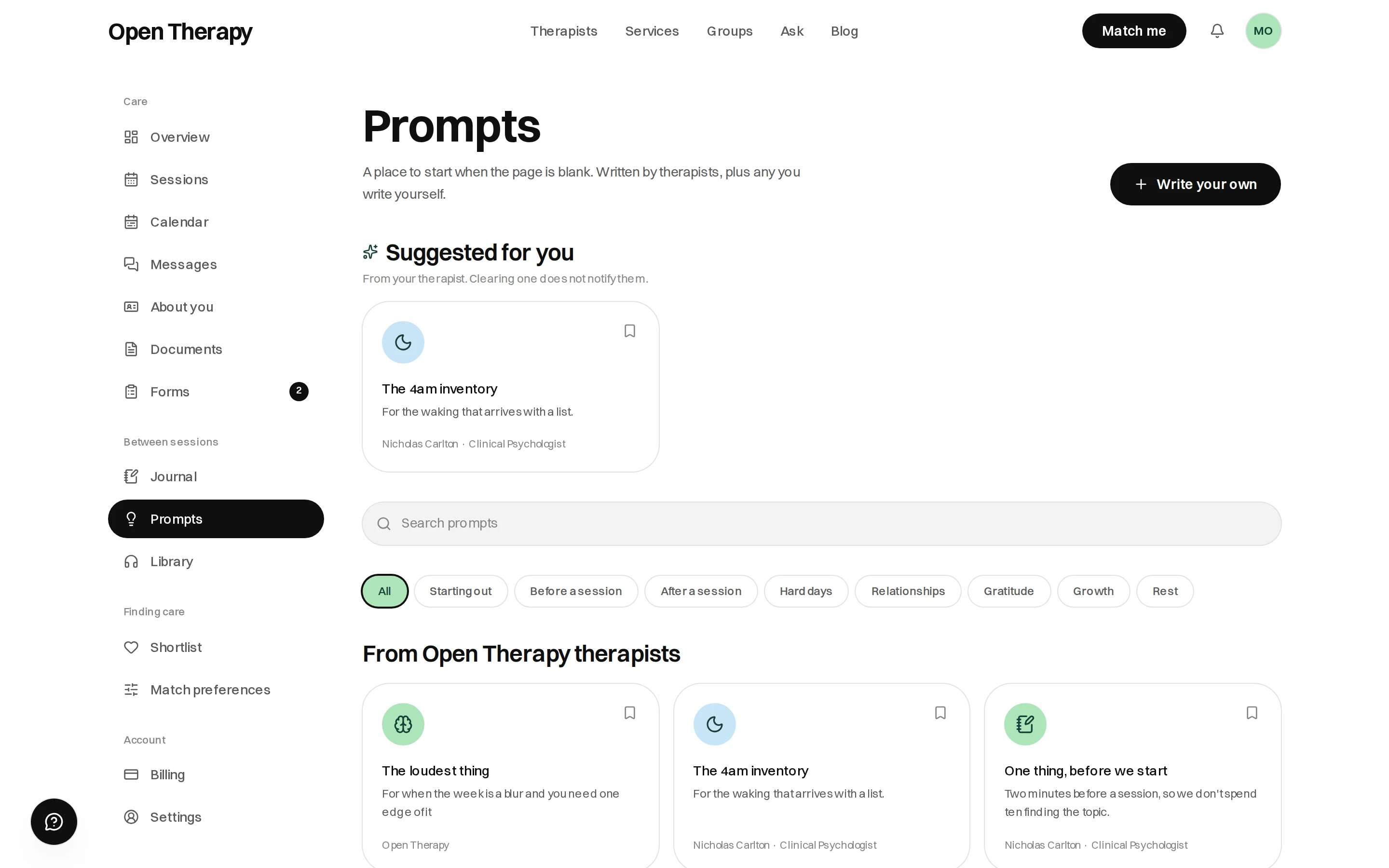 The Prompts page in the workspace with a Write your own button, a Suggested for you card from a clinical psychologist, a search field, category filter pills, and a row of prompt cards under the heading From Open Therapy therapists, each with a bookmark in the corner.