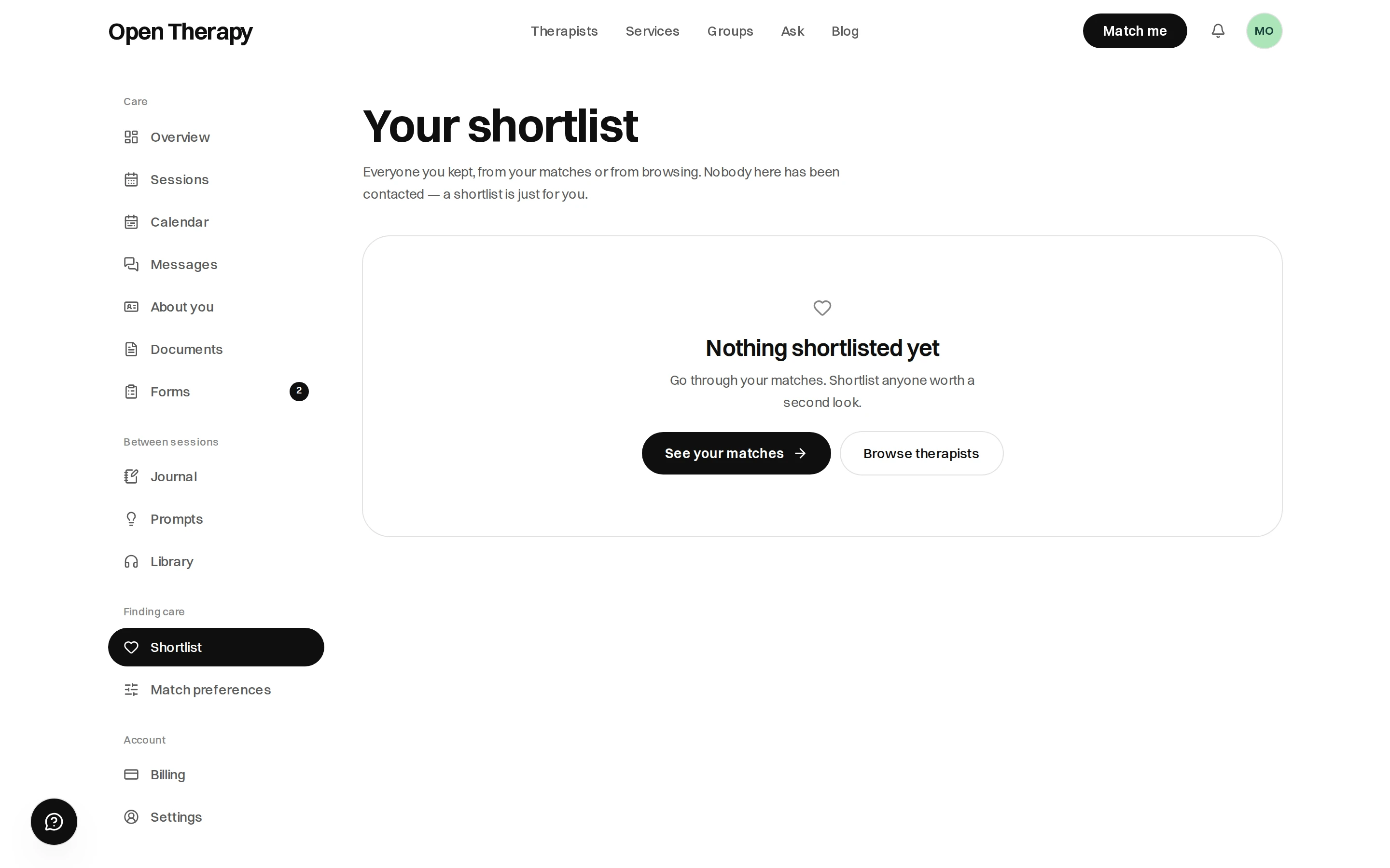 The Your shortlist page in the workspace reading Nothing shortlisted yet, with See your matches and Browse the directory buttons, and Shortlist highlighted under Finding care in the sidebar